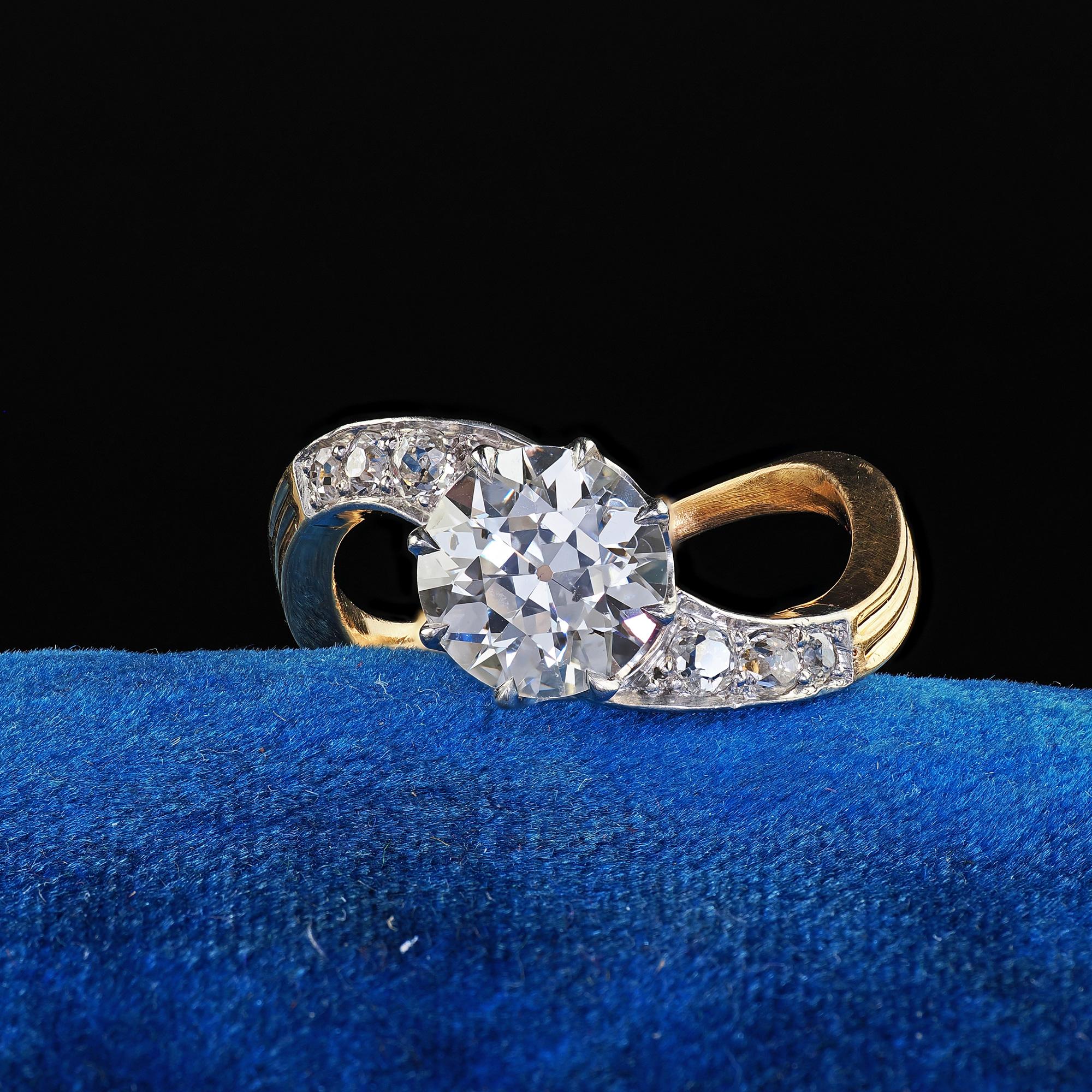 Beautiful Antique Edwardian French 18K Yellow Gold Old Euro Diamond Engagement Ring - GIA. This gorgeous French Edwardian diamond engagement ring is crafted in 18k yellow gold and platinum top. This ring features an old European cut diamond that has
