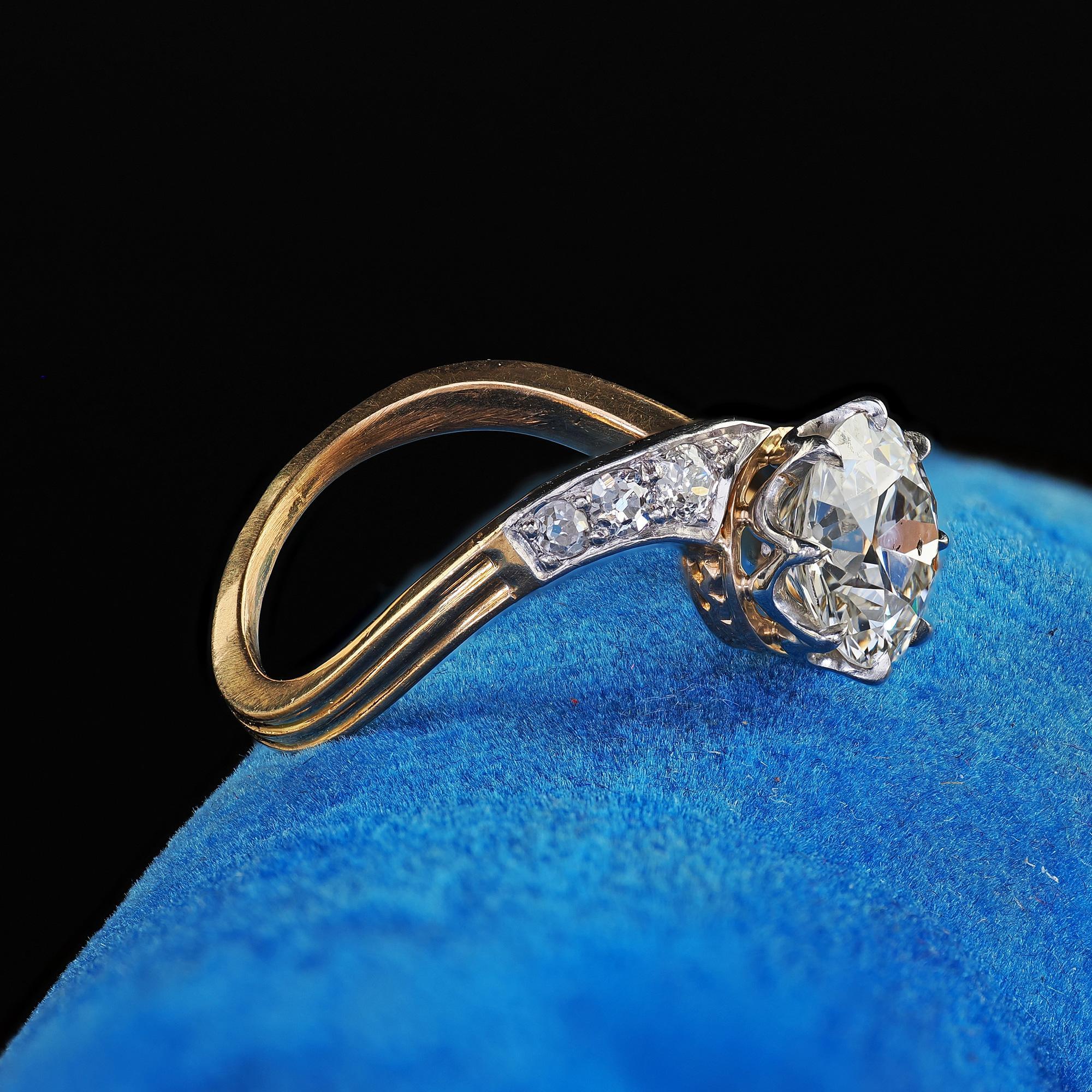 Antique Edwardian French 18K Yellow Gold Old Euro Diamond Engagement Ring - GIA In Good Condition For Sale In Great Neck, NY