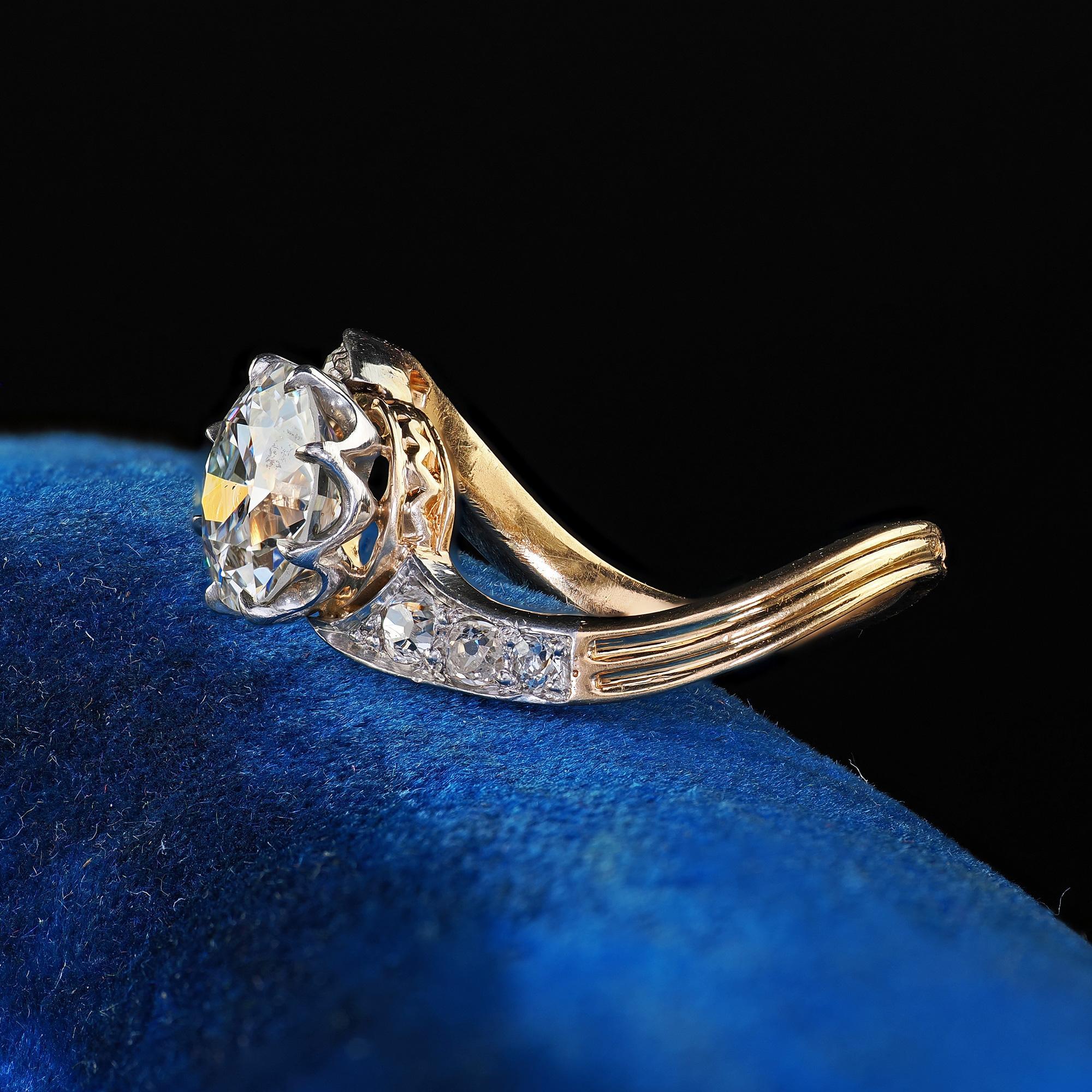 Women's Antique Edwardian French 18K Yellow Gold Old Euro Diamond Engagement Ring - GIA For Sale