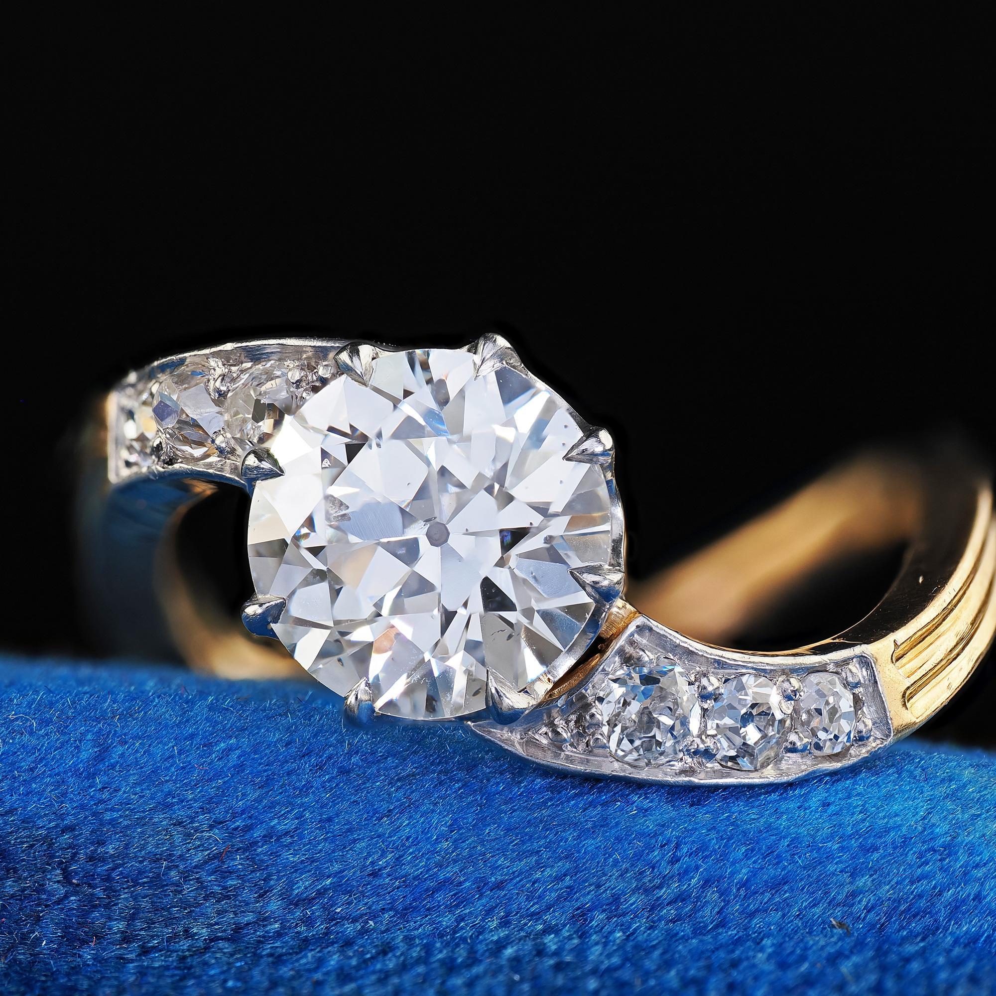 Antique Edwardian French 18K Yellow Gold Old Euro Diamond Engagement Ring - GIA For Sale 1