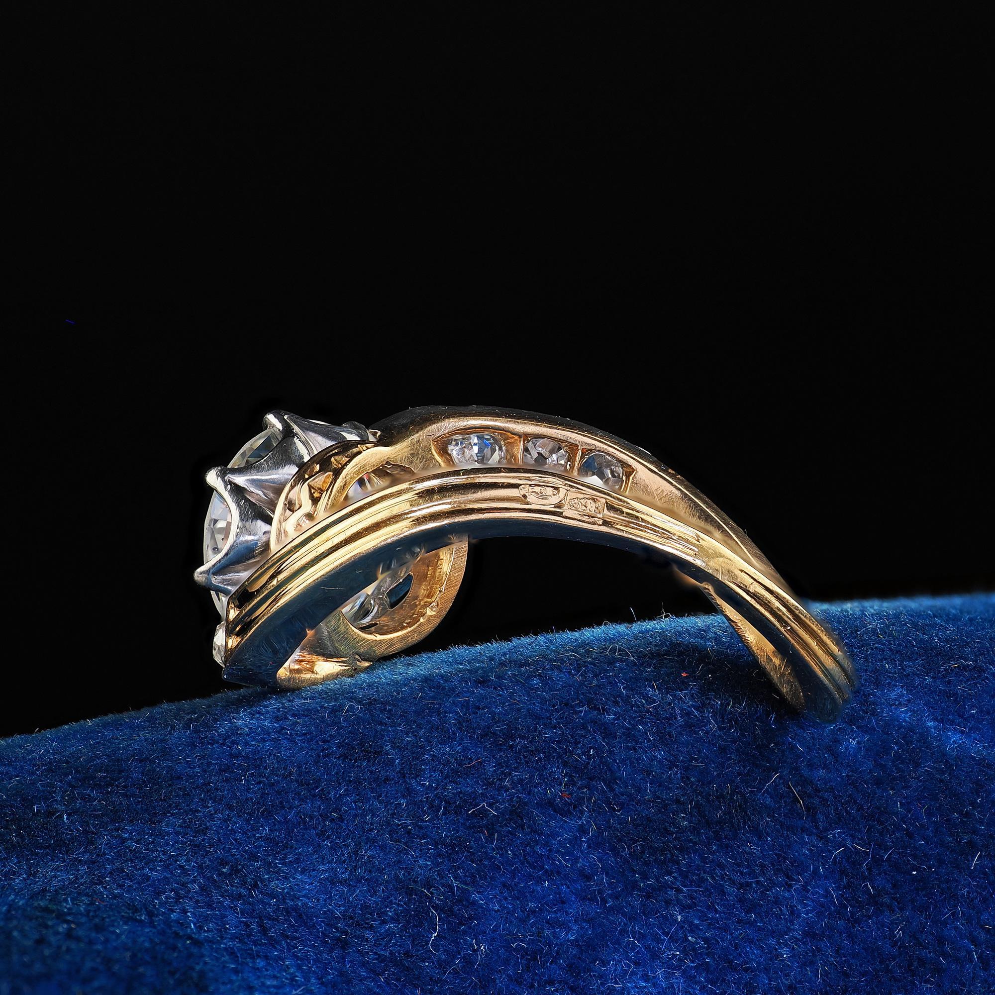 Antique Edwardian French 18K Yellow Gold Old Euro Diamond Engagement Ring - GIA For Sale 2