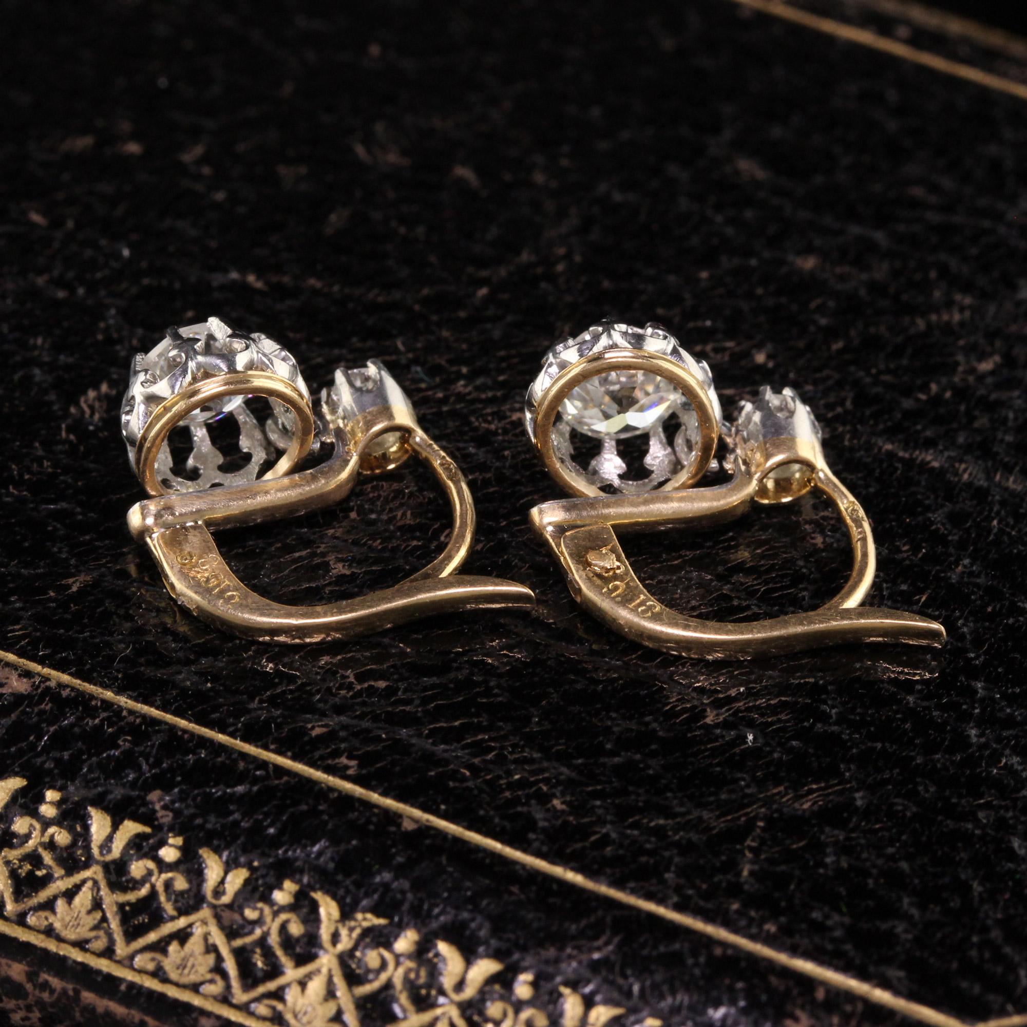 Old European Cut Antique Edwardian French 18K Yellow Gold Old European Diamond Earrings, GIA