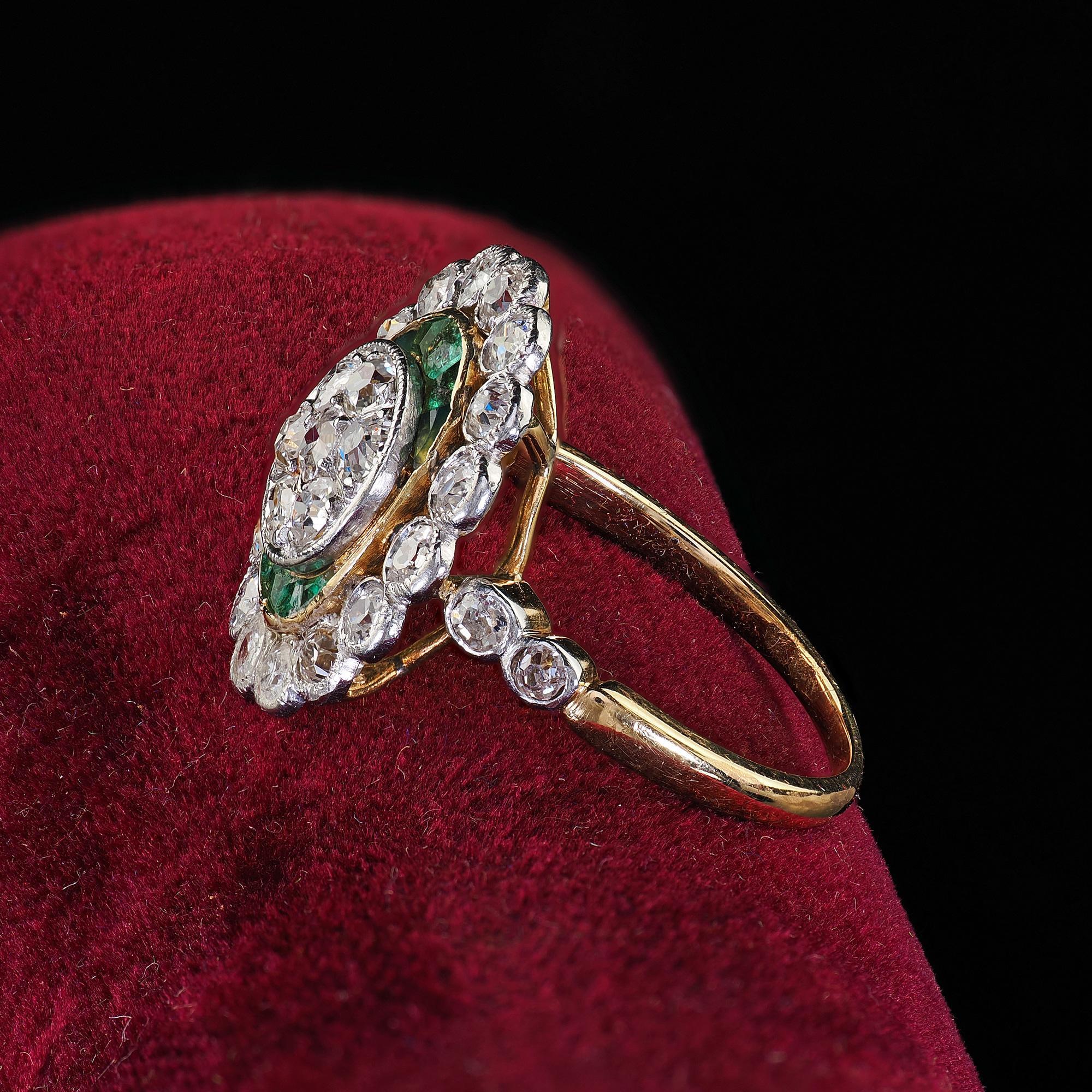 Women's Antique Edwardian French 18K Yellow Gold Platinum Diamond and Emerald Ring For Sale