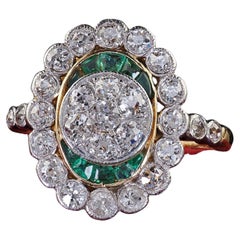 Antique Edwardian French 18K Yellow Gold Platinum Diamond and Emerald Ring
