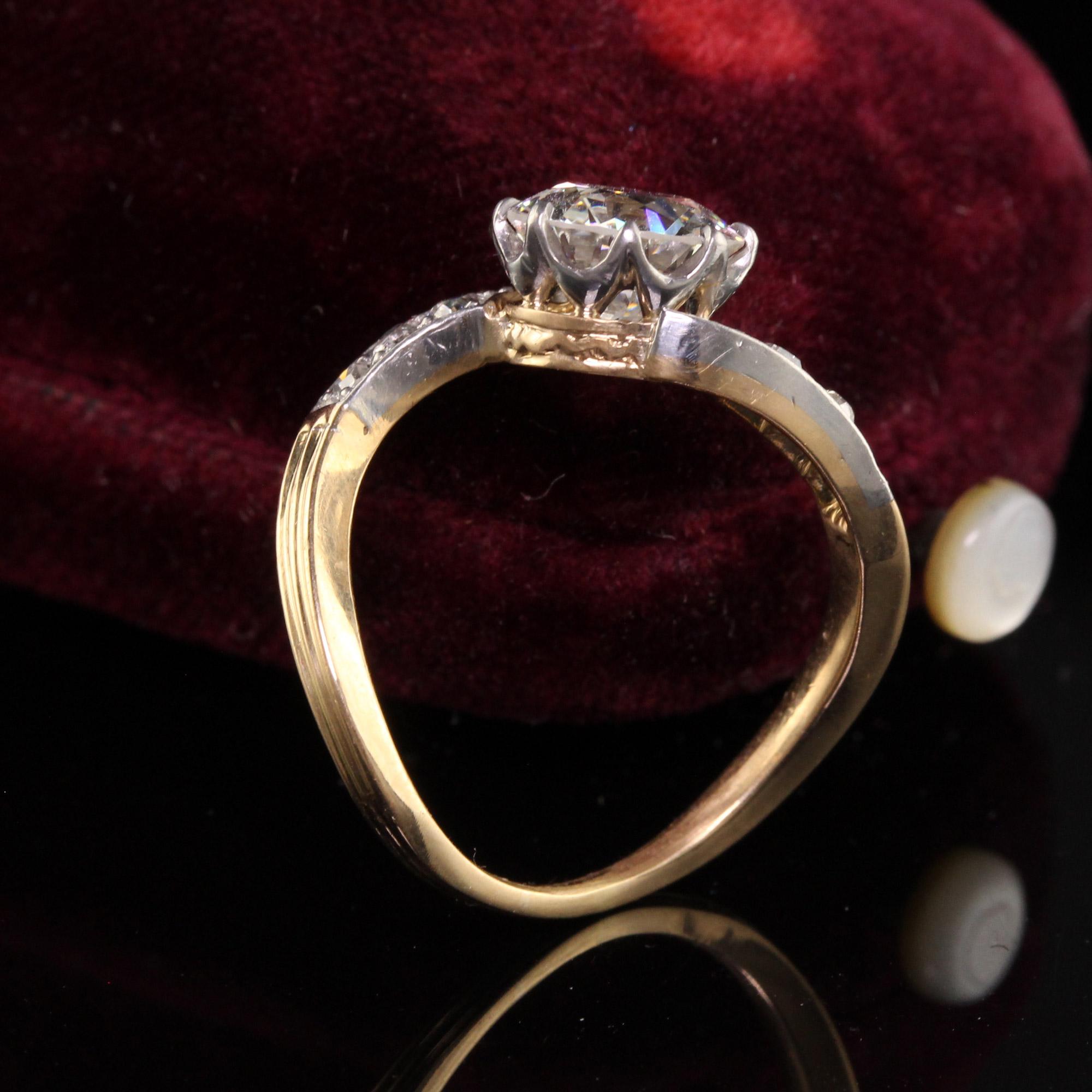 Antique Edwardian French 18K Yellow Gold Platinum Old European Engagement Ring In Good Condition For Sale In Great Neck, NY