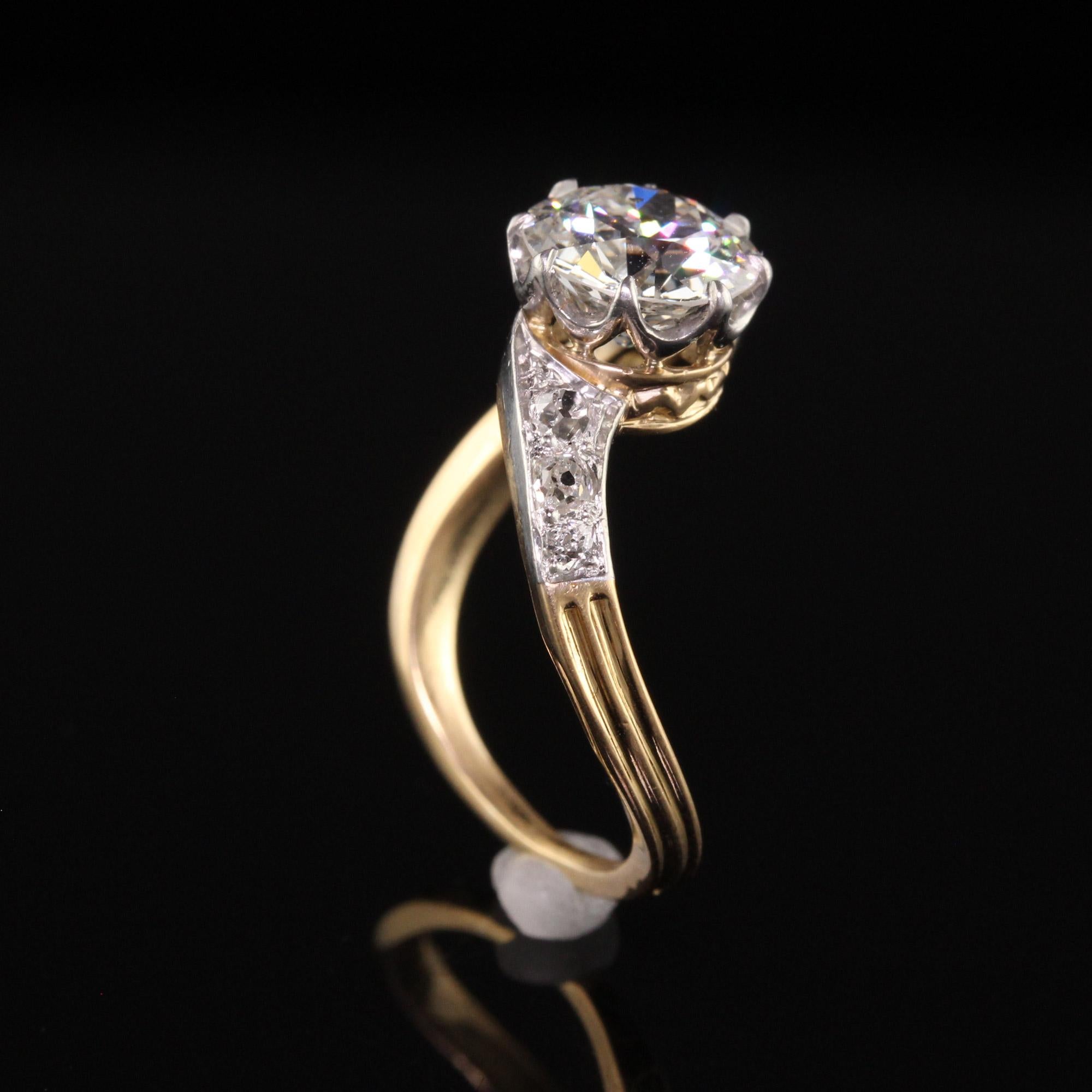 Antique Edwardian French 18K Yellow Gold Platinum Old European Engagement Ring For Sale 3