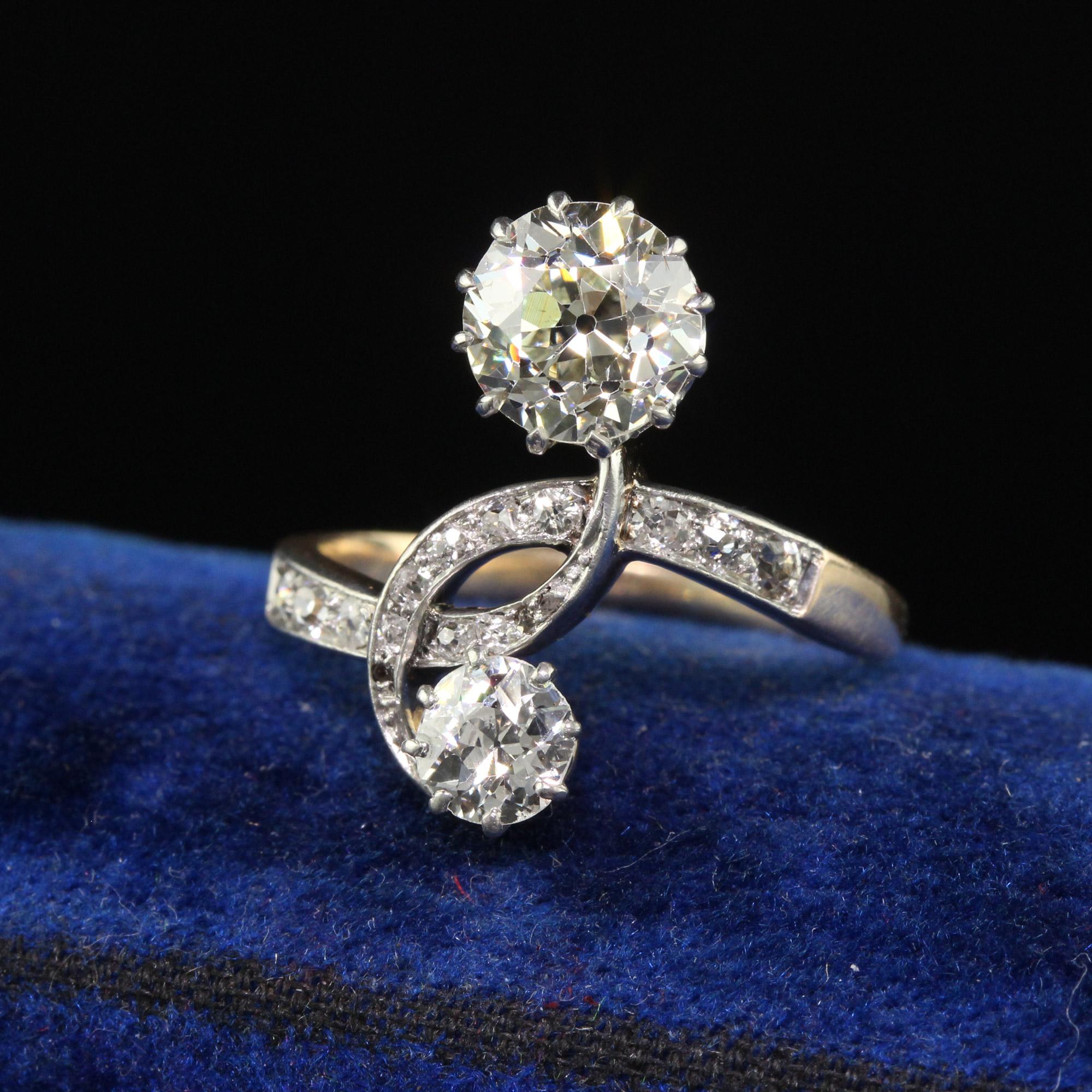 Beautiful Antique Edwardian French 18K Yellow Gold Platinum Old Euro Diamond Toi Et Moi Engagement Ring - GIA. This incredible Toi et Moi engagement ring is crafted in 18k yellow gold and platinum top. This amazing ring has a gorgeous old European