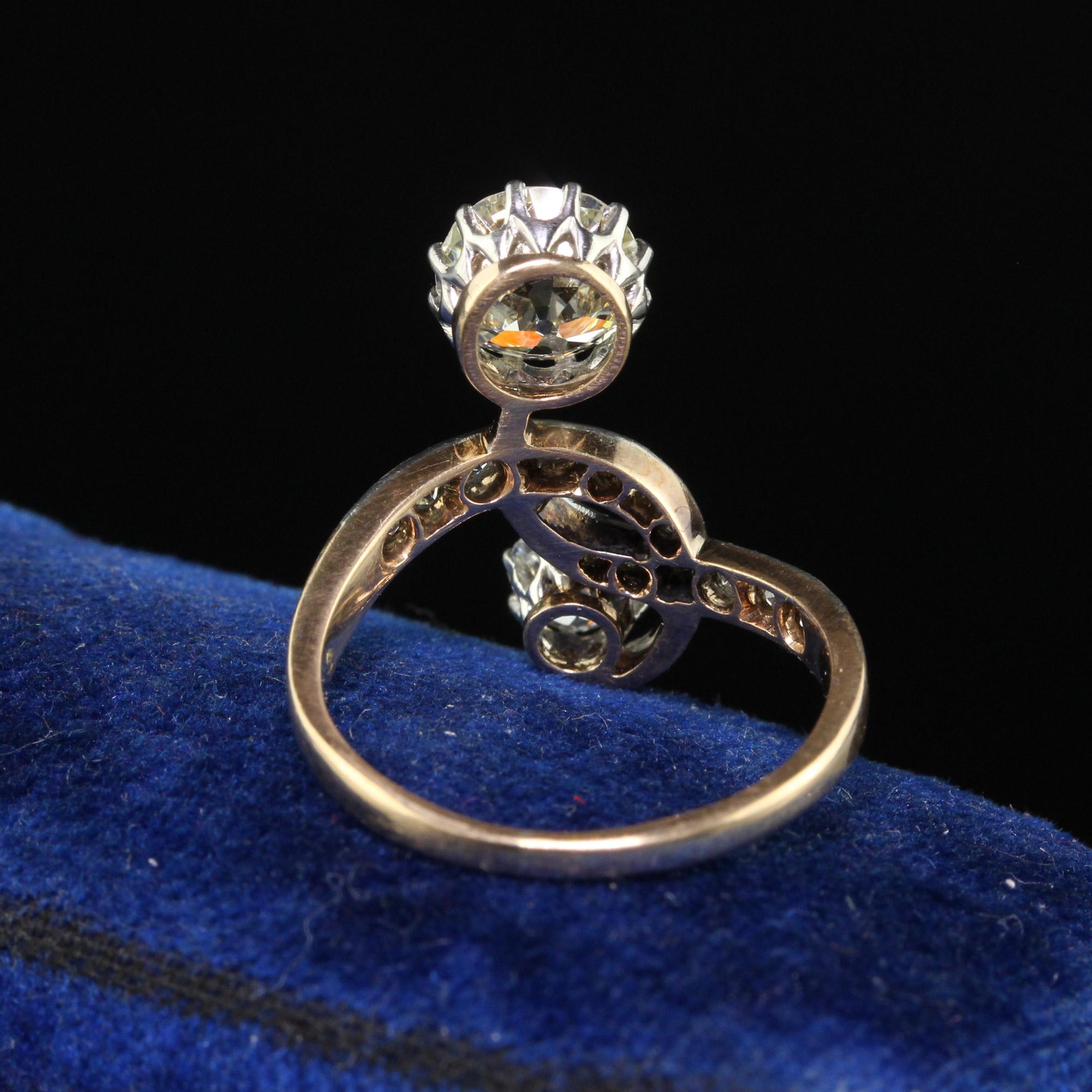 Antique Edwardian French 18k Yellow Gold Platinum Old Euro Diamond Toi Et Moi En In Good Condition For Sale In Great Neck, NY