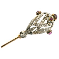 Antique Edwardian French 18k Yellow Gold Platinum Ruby Diamond Hat Pin