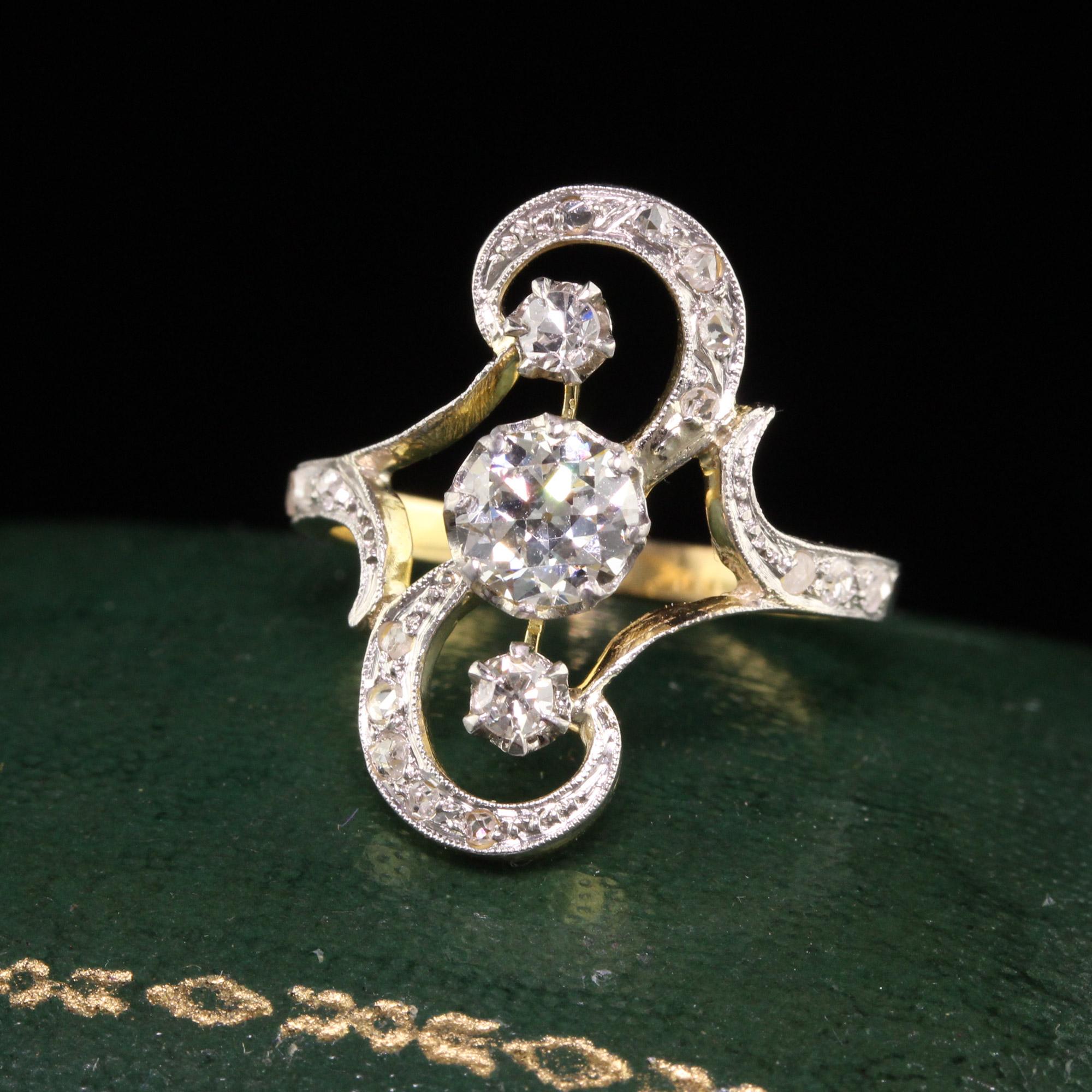 Beautiful Antique Edwardian French 18K Yellow Gold Platinum Top Old Euro Diamond Ring. This gorgeous ring is crafted in 18k yellow gold and platinum top. The center holds a old european diamond. There are old mine and rose cut diamonds on the