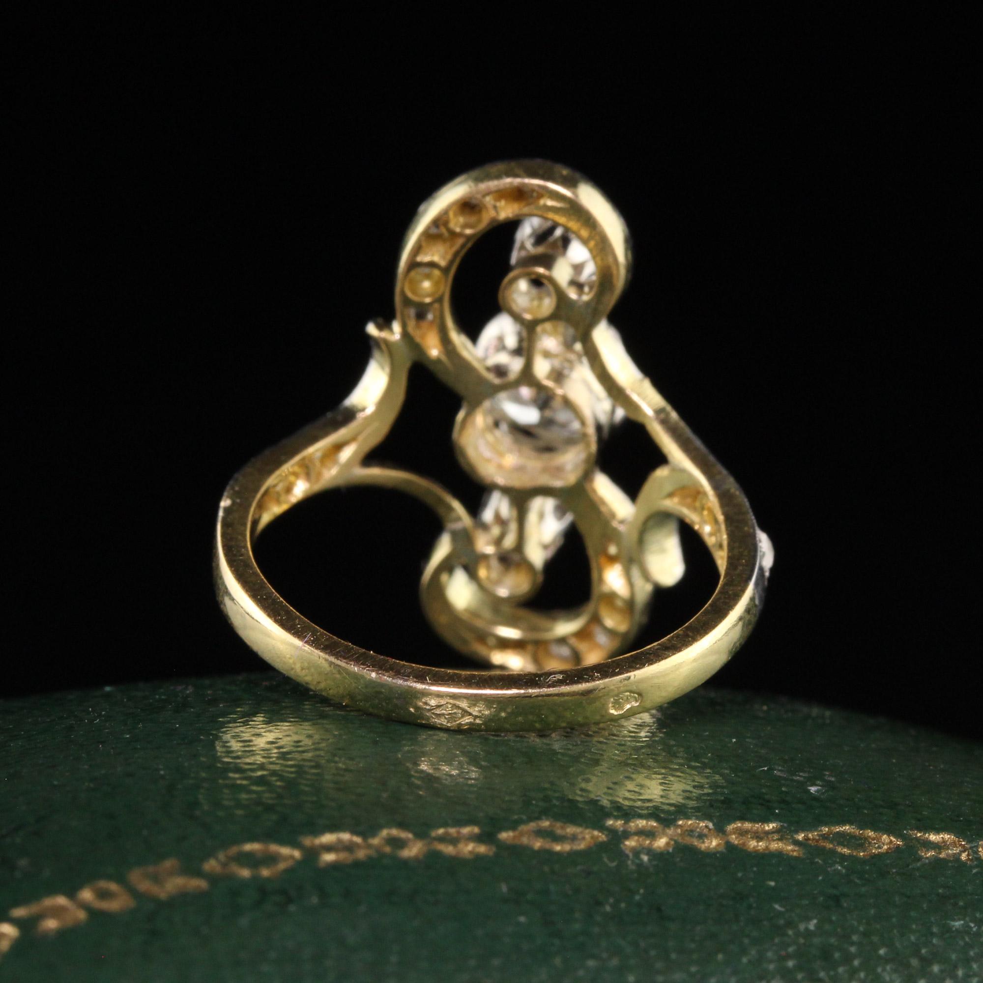 Antique Edwardian French 18K Yellow Gold Platinum Top Old Euro Diamond Ring In Good Condition For Sale In Great Neck, NY