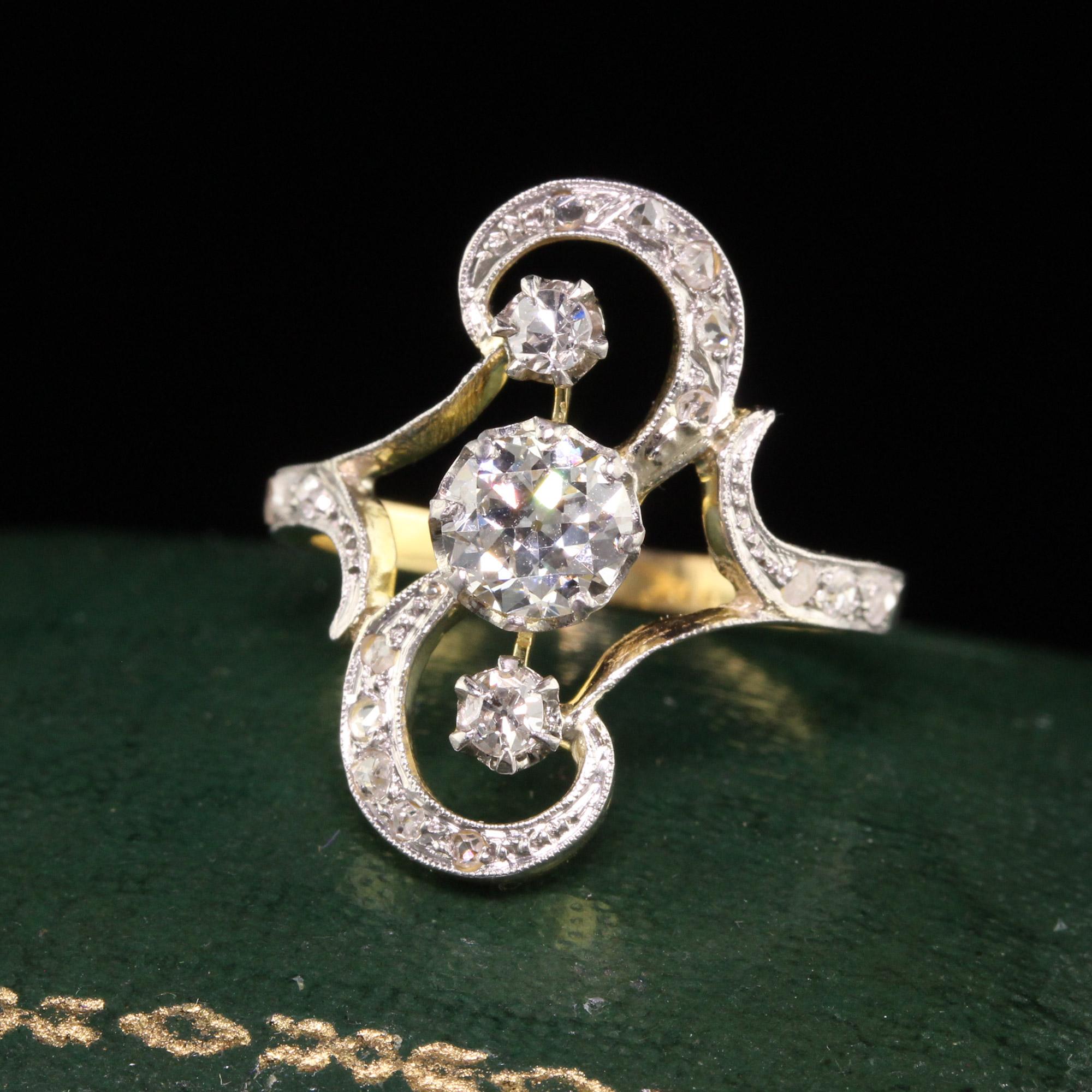 Women's Antique Edwardian French 18K Yellow Gold Platinum Top Old Euro Diamond Ring For Sale