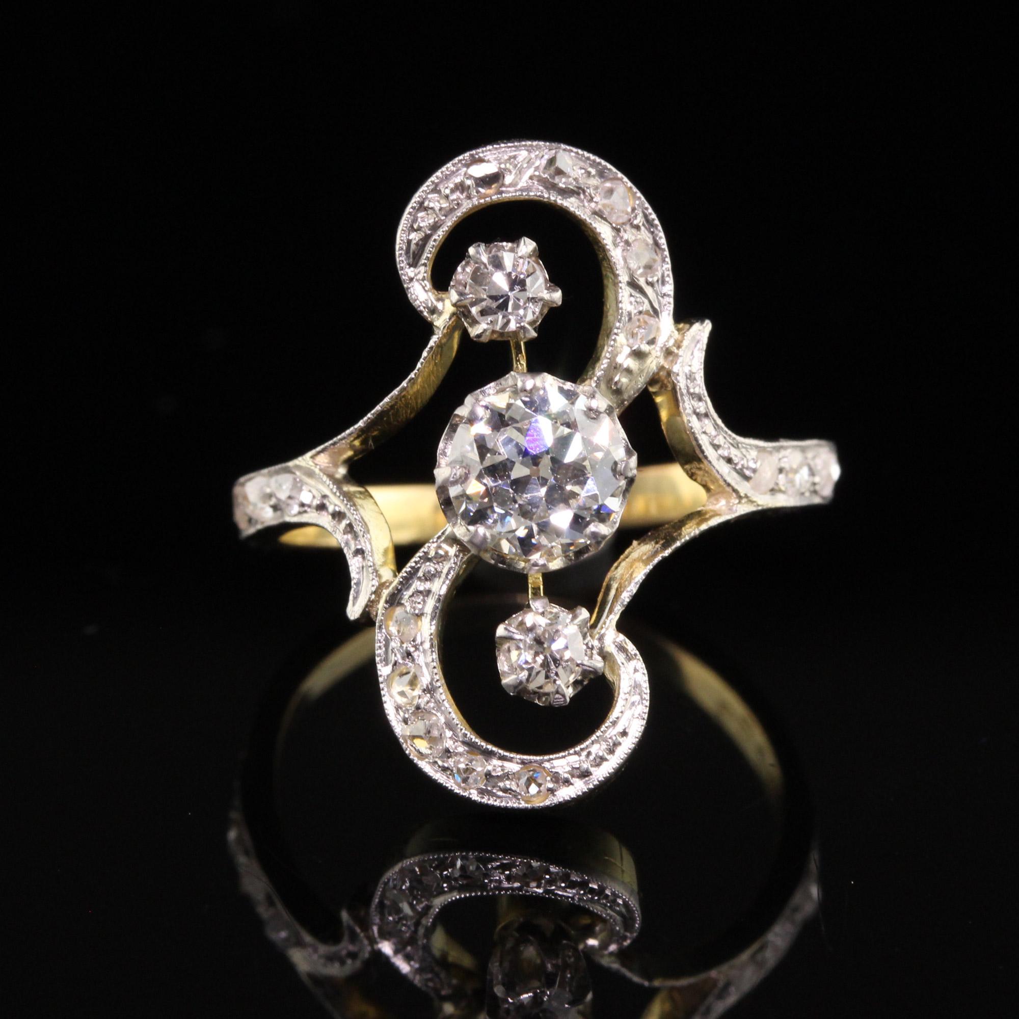 Antique Edwardian French 18K Yellow Gold Platinum Top Old Euro Diamond Ring For Sale 1