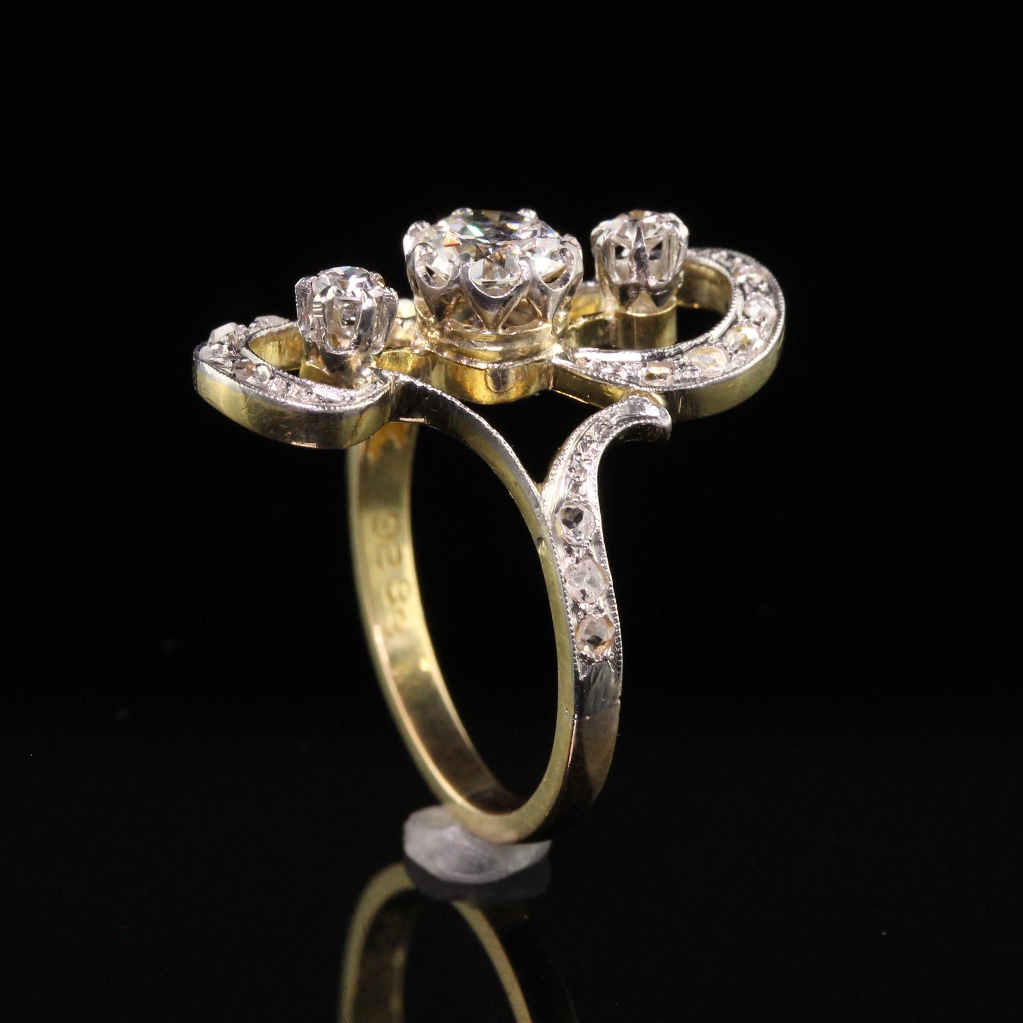 Antique Edwardian French 18K Yellow Gold Platinum Top Old Euro Diamond Ring For Sale 3