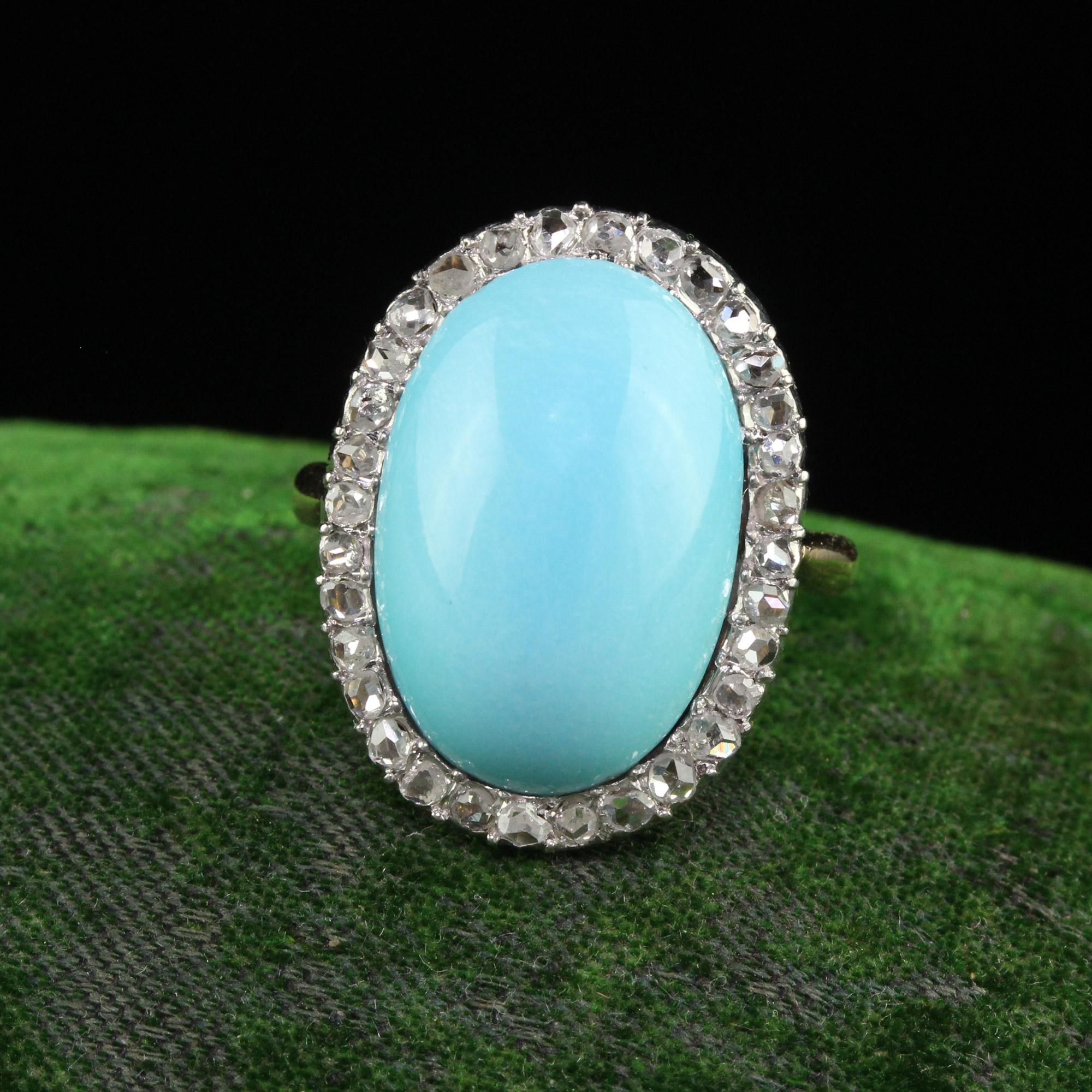 Beautiful Antique Edwardian French 18K Yellow Gold Rose Cut Diamond Turquoise Cocktail Ring. This gorgeous French cocktail ring is crafted in 18k yellow gold and platinum top. The center holds a natural cabochon turquoise and has a halo of beautiful