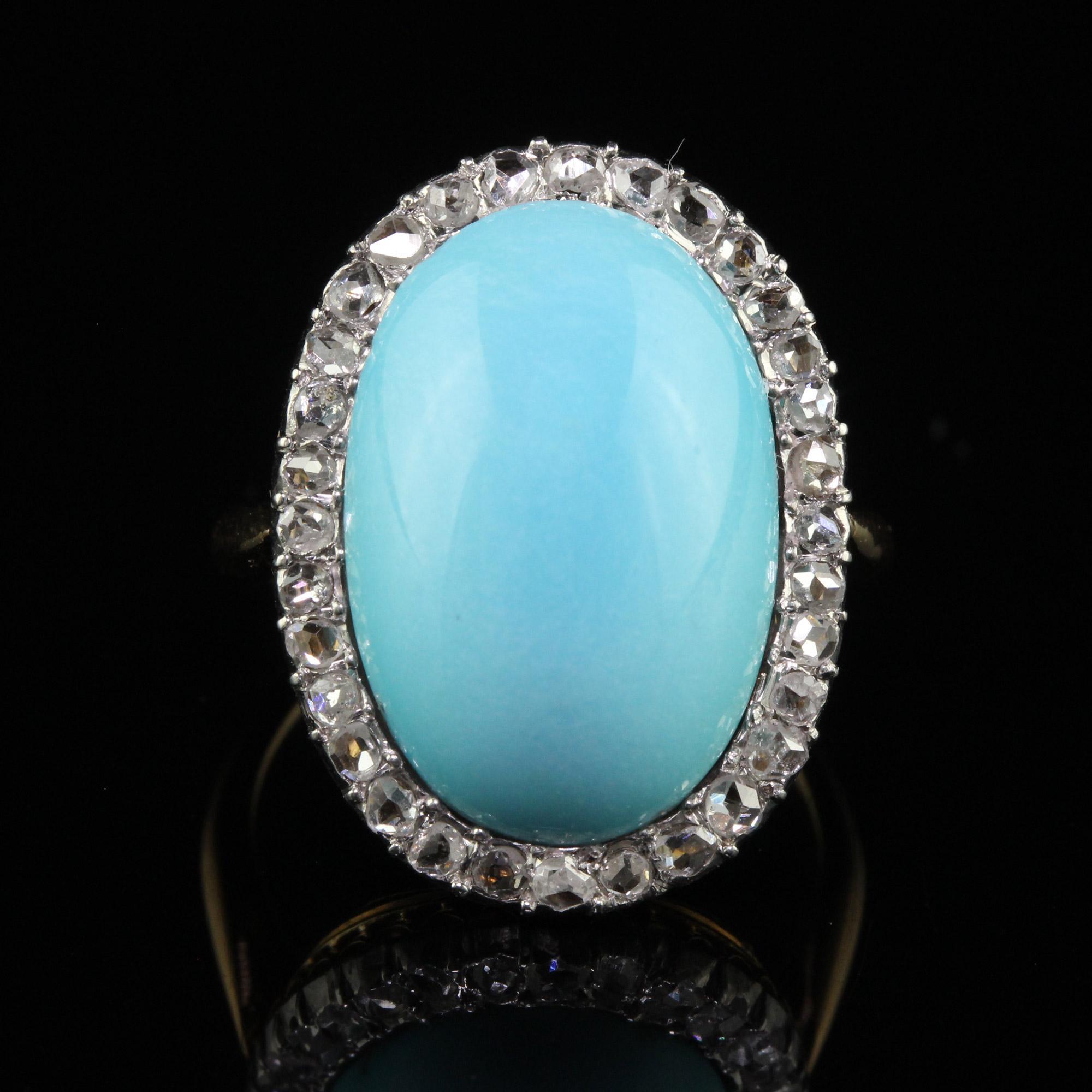 Antique Edwardian French 18K Yellow Gold Rose Cut Diamond Turquoise Ring In Good Condition For Sale In Great Neck, NY