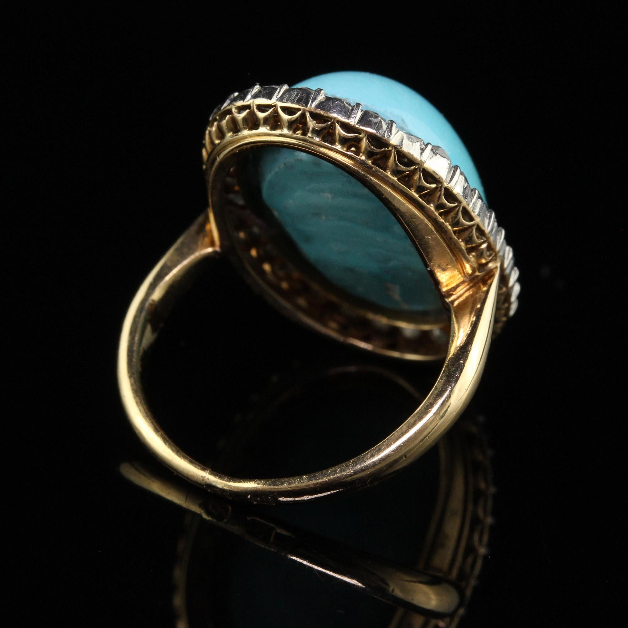 Antique Edwardian French 18K Yellow Gold Rose Cut Diamond Turquoise Ring For Sale 1