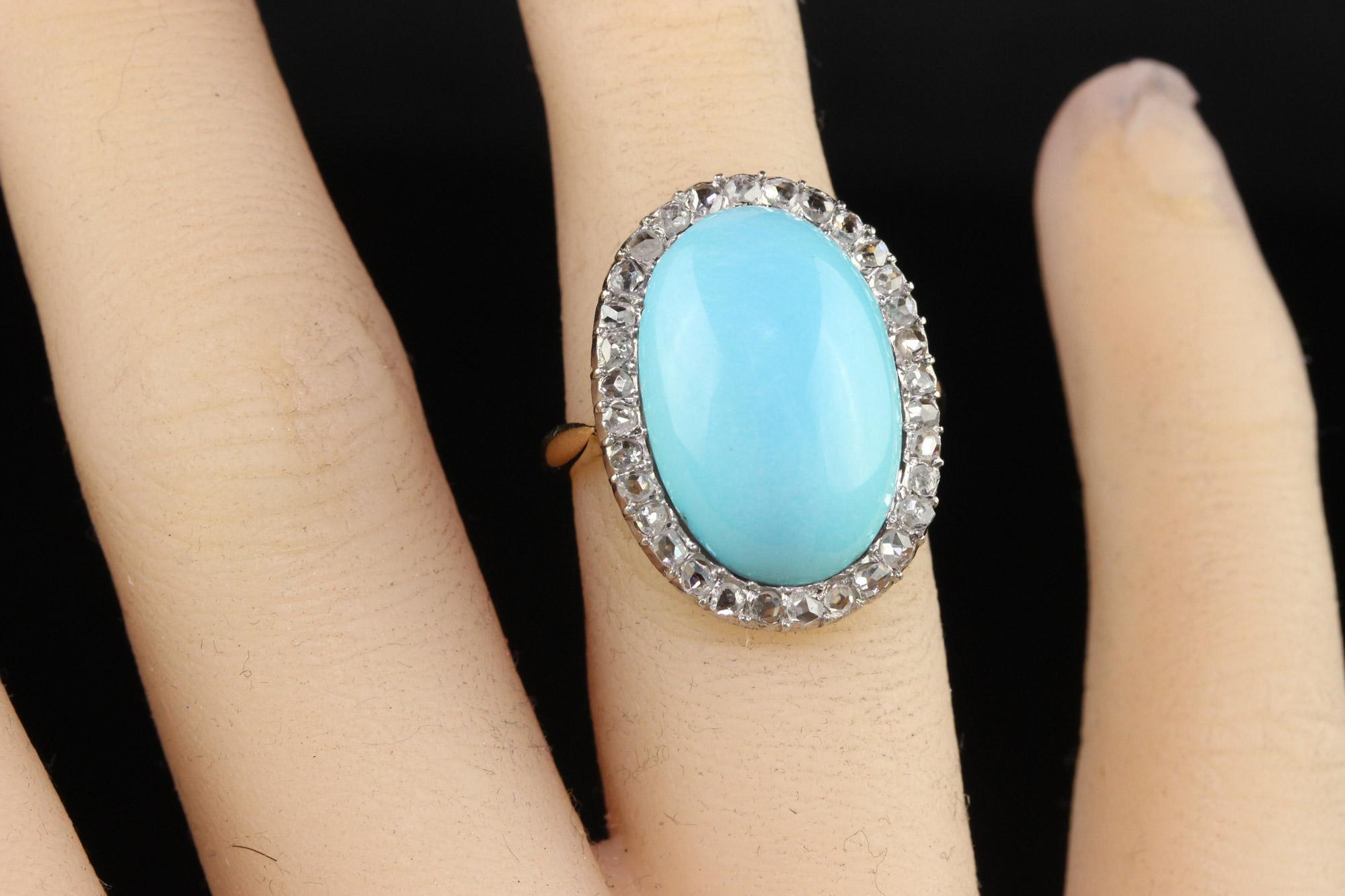 Antique Edwardian French 18K Yellow Gold Rose Cut Diamond Turquoise Ring For Sale 2