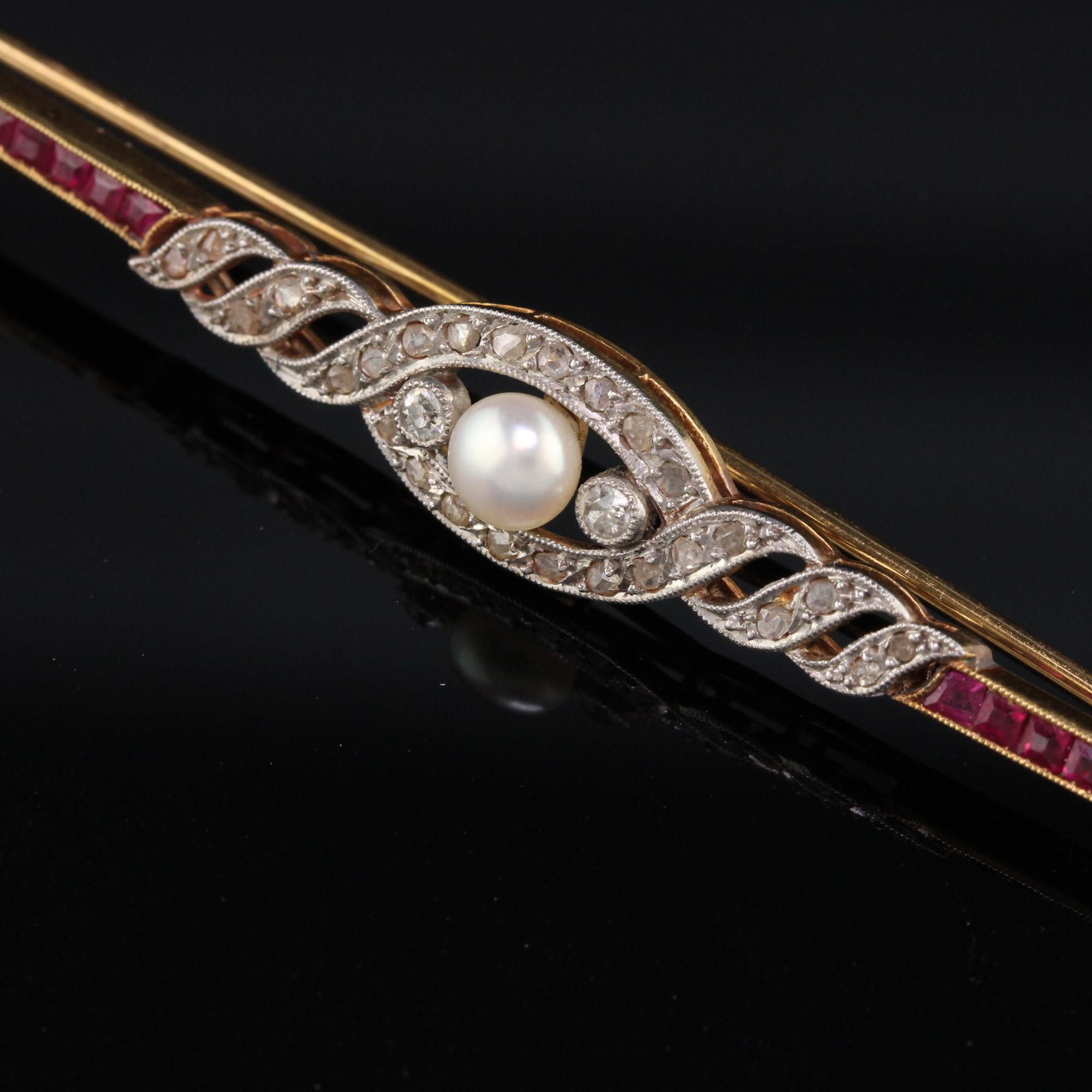 Antique Edwardian French 18 Karat Yellow Gold Ruby Diamond Pearl Bar Brooch In Good Condition In Great Neck, NY