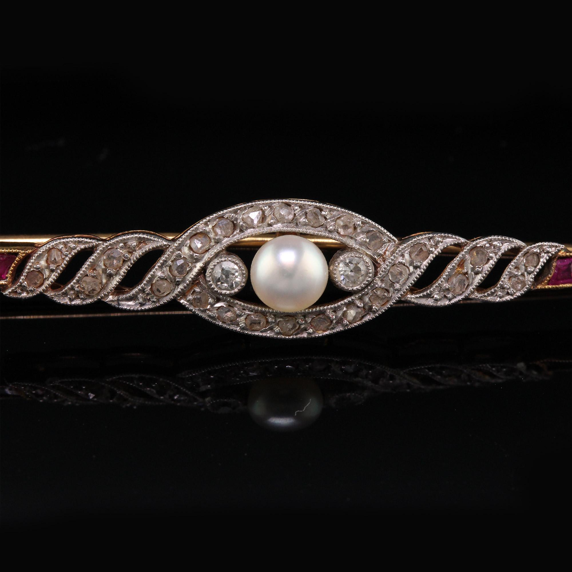 Women's Antique Edwardian French 18 Karat Yellow Gold Ruby Diamond Pearl Bar Brooch