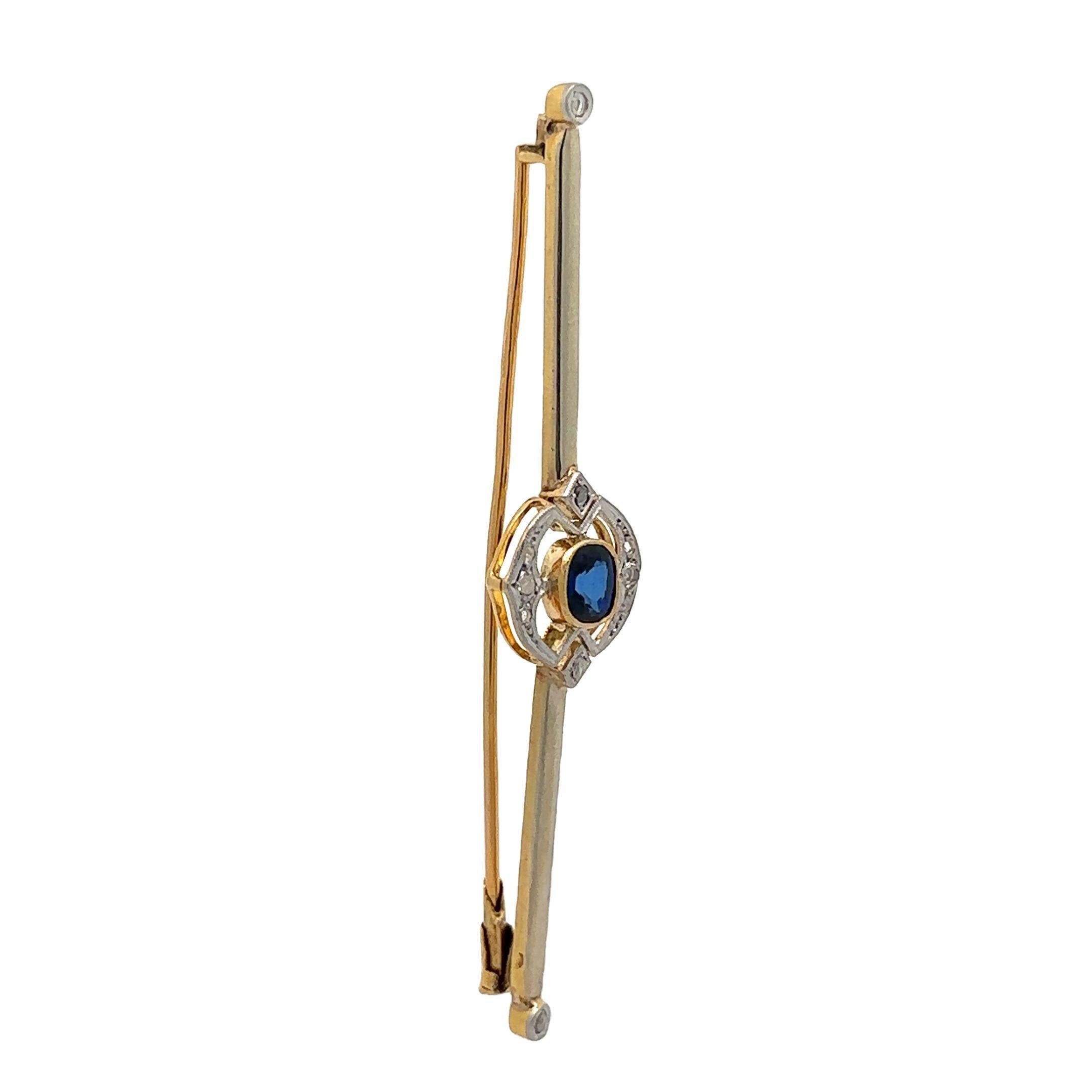 Antique Edwardian French 18k Yellow Gold Synthetic Sapphire Long Bar Pin Brooch In Excellent Condition In Montclair, NJ