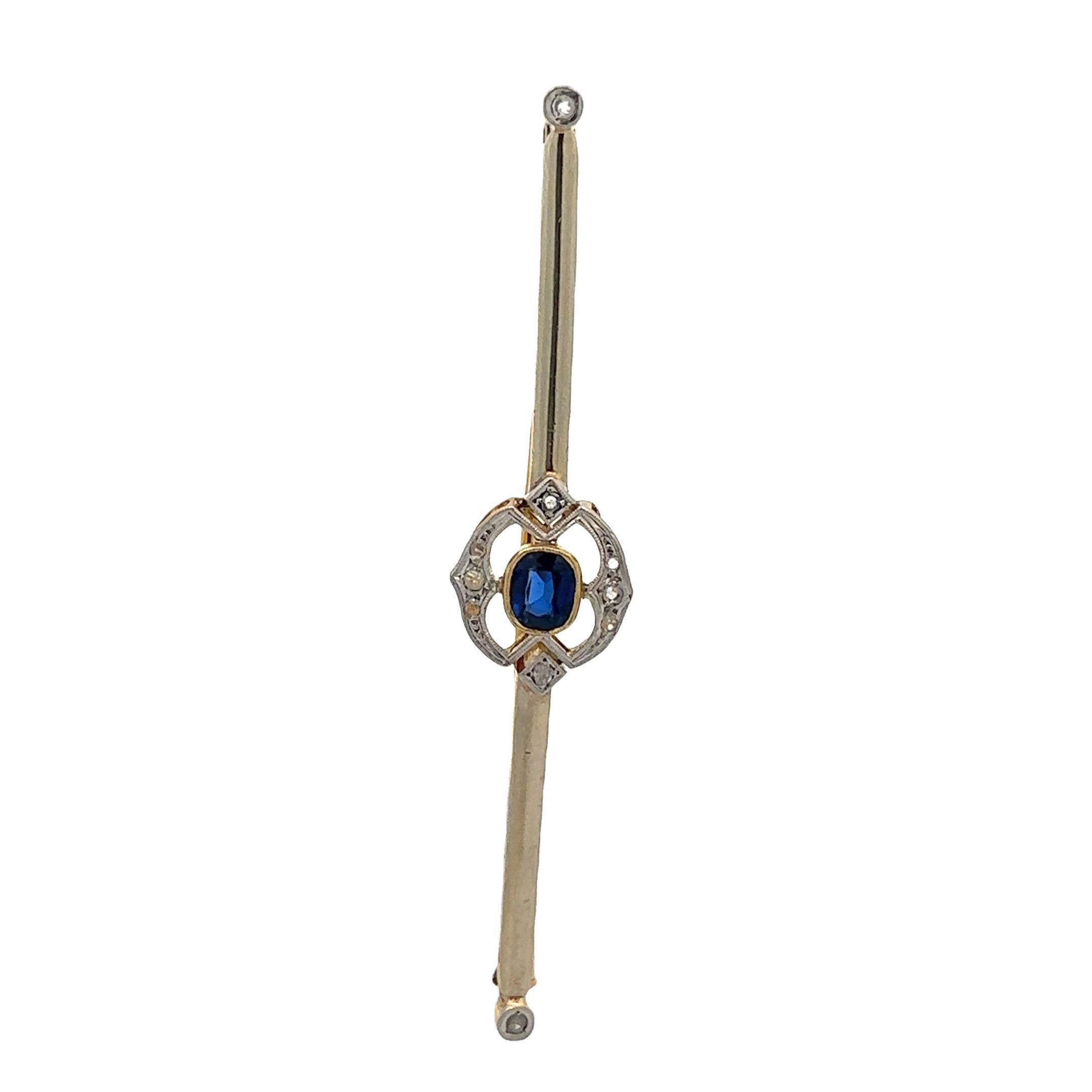 Women's or Men's Antique Edwardian French 18k Yellow Gold Synthetic Sapphire Long Bar Pin Brooch