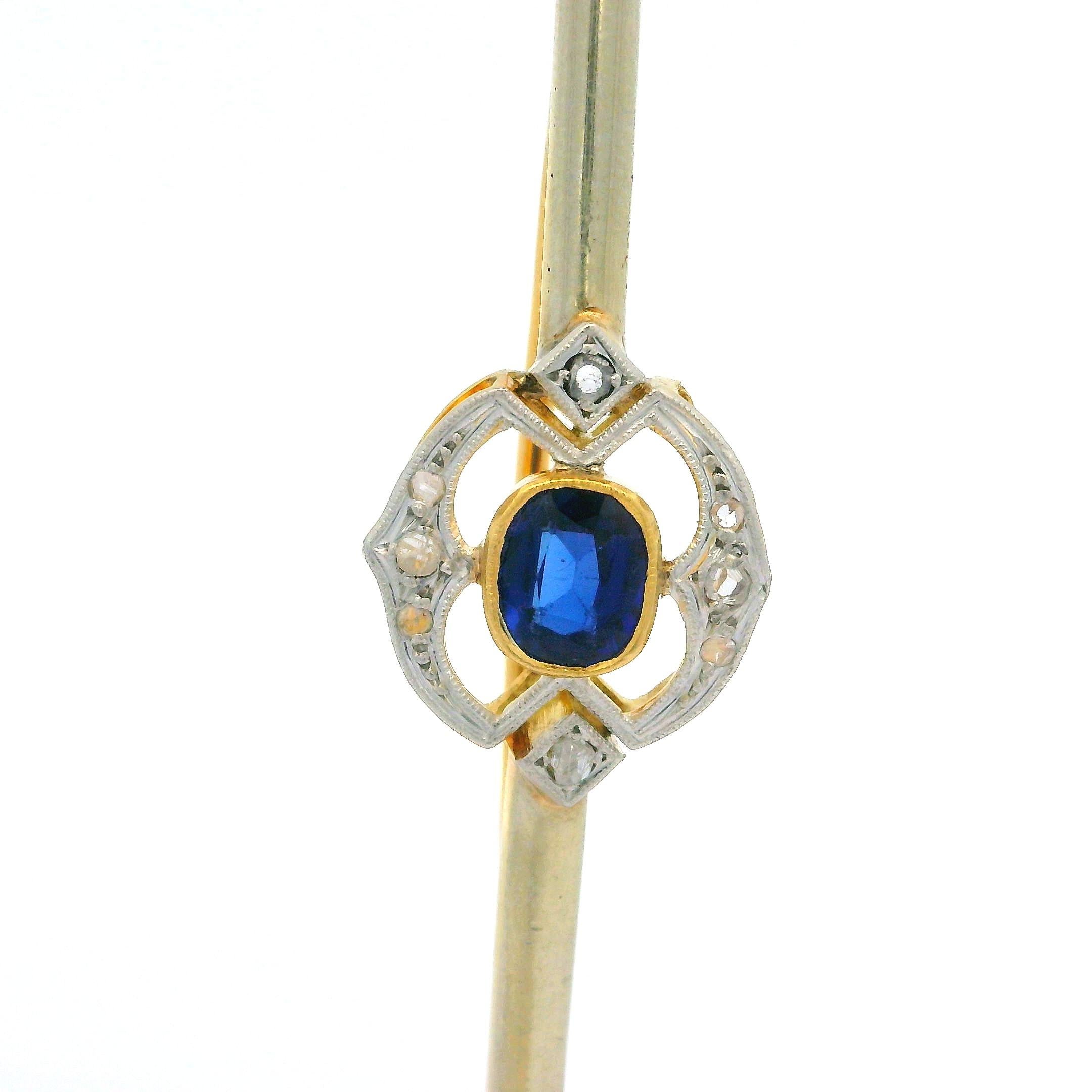 Antique Edwardian French 18k Yellow Gold Synthetic Sapphire Long Bar Pin Brooch 1