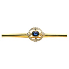 Antique Edwardian French 18k Yellow Gold Synthetic Sapphire Long Bar Pin Brooch