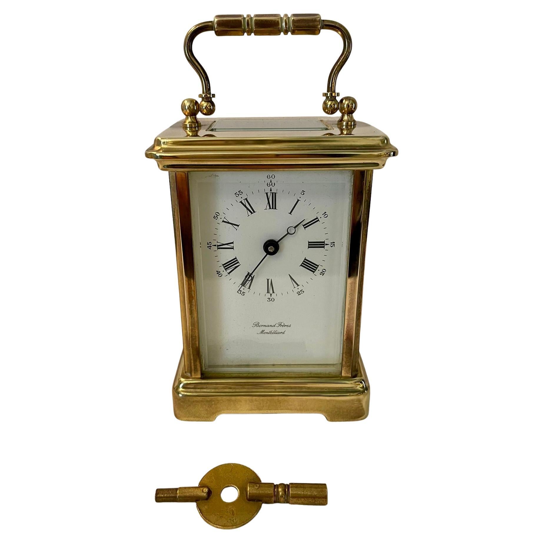 Antique Edwardian French brass carriage clock having a quality brass and bevelled glass case, enamel dial with original hands and an eight day French movement.

In perfect working order.

15 x 8 x 6.5cm
Date 1900.
 