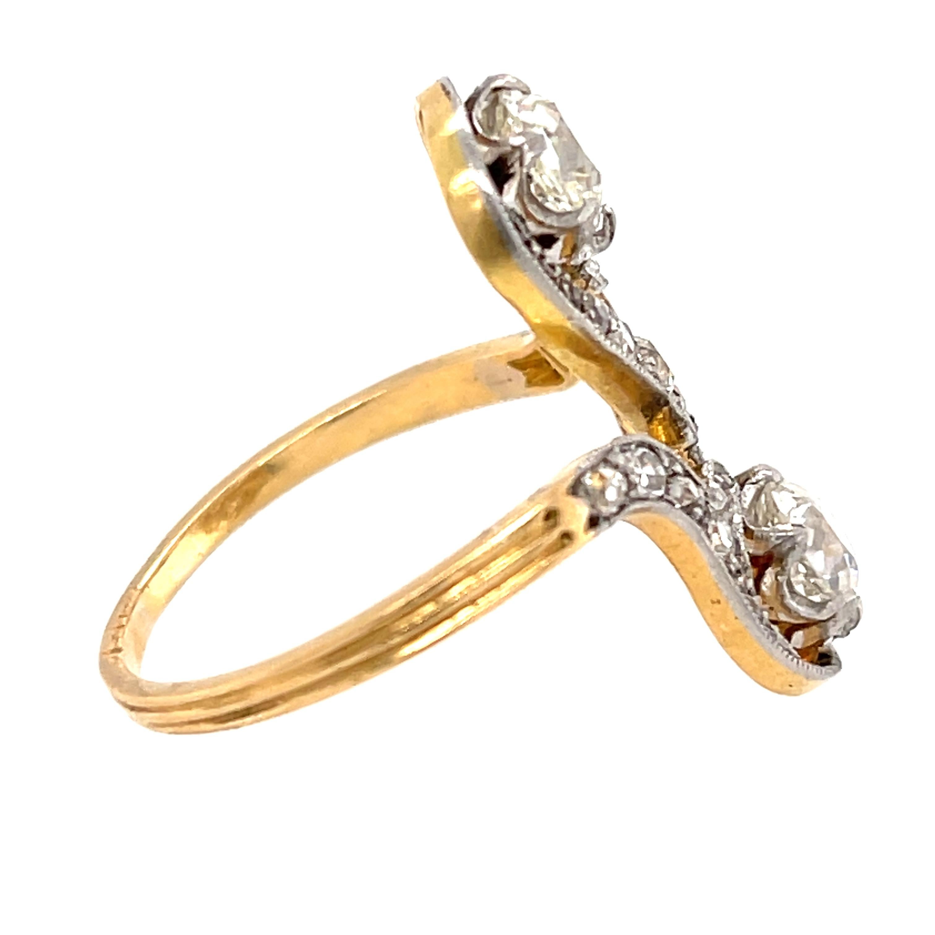 Antique Edwardian French Platinum Gold Double Diamond Ring In Good Condition For Sale In New York, NY
