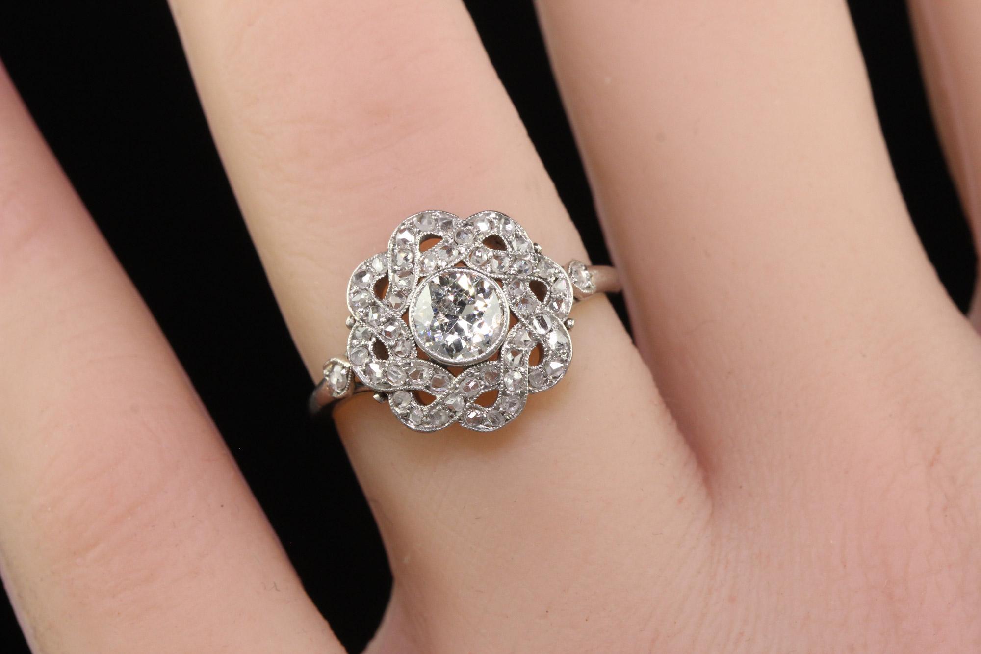 Bague de fiançailles française ancienne de style édouardien en platine avec diamants européens anciens en vente 5