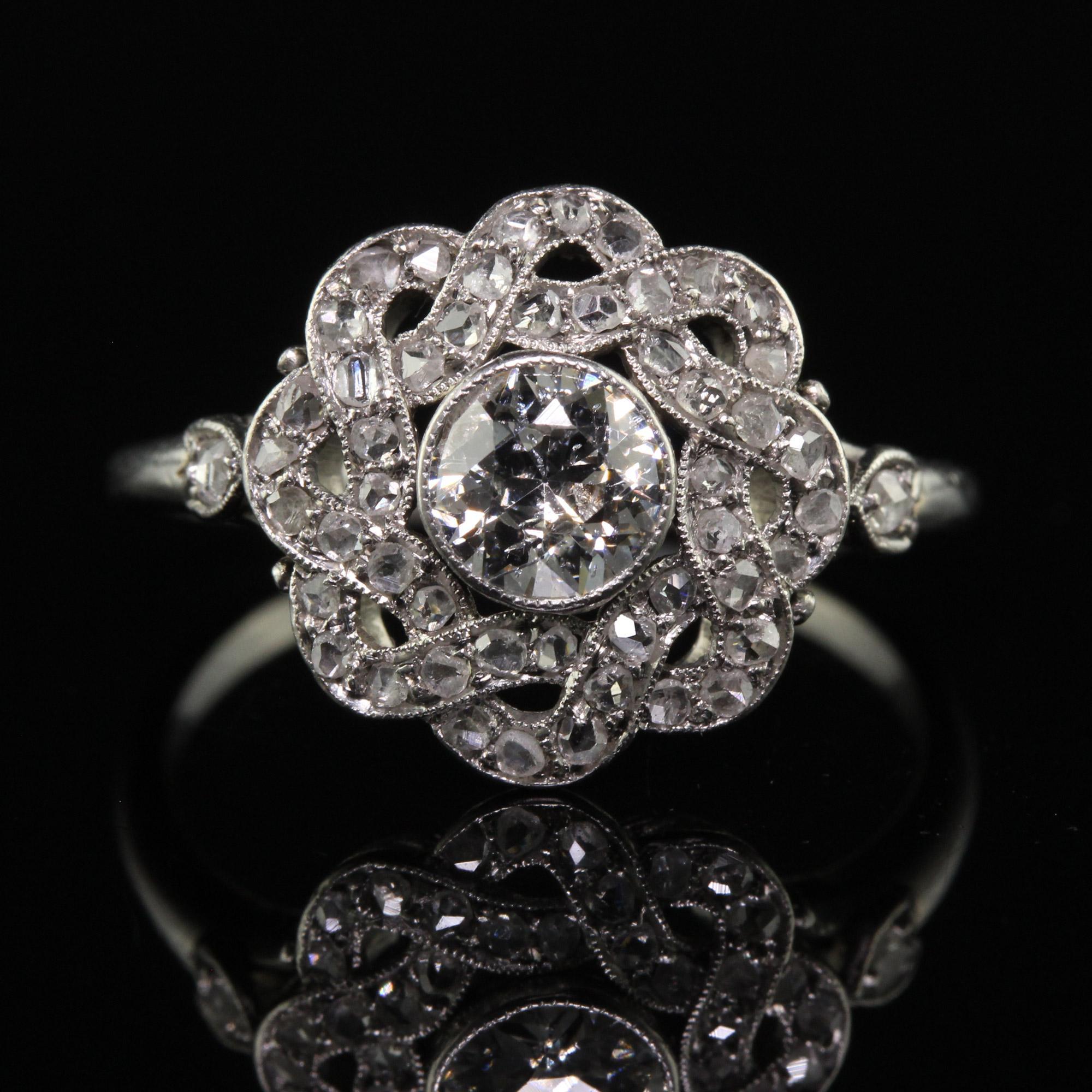 Bague de fiançailles française ancienne de style édouardien en platine avec diamants européens anciens en vente 2