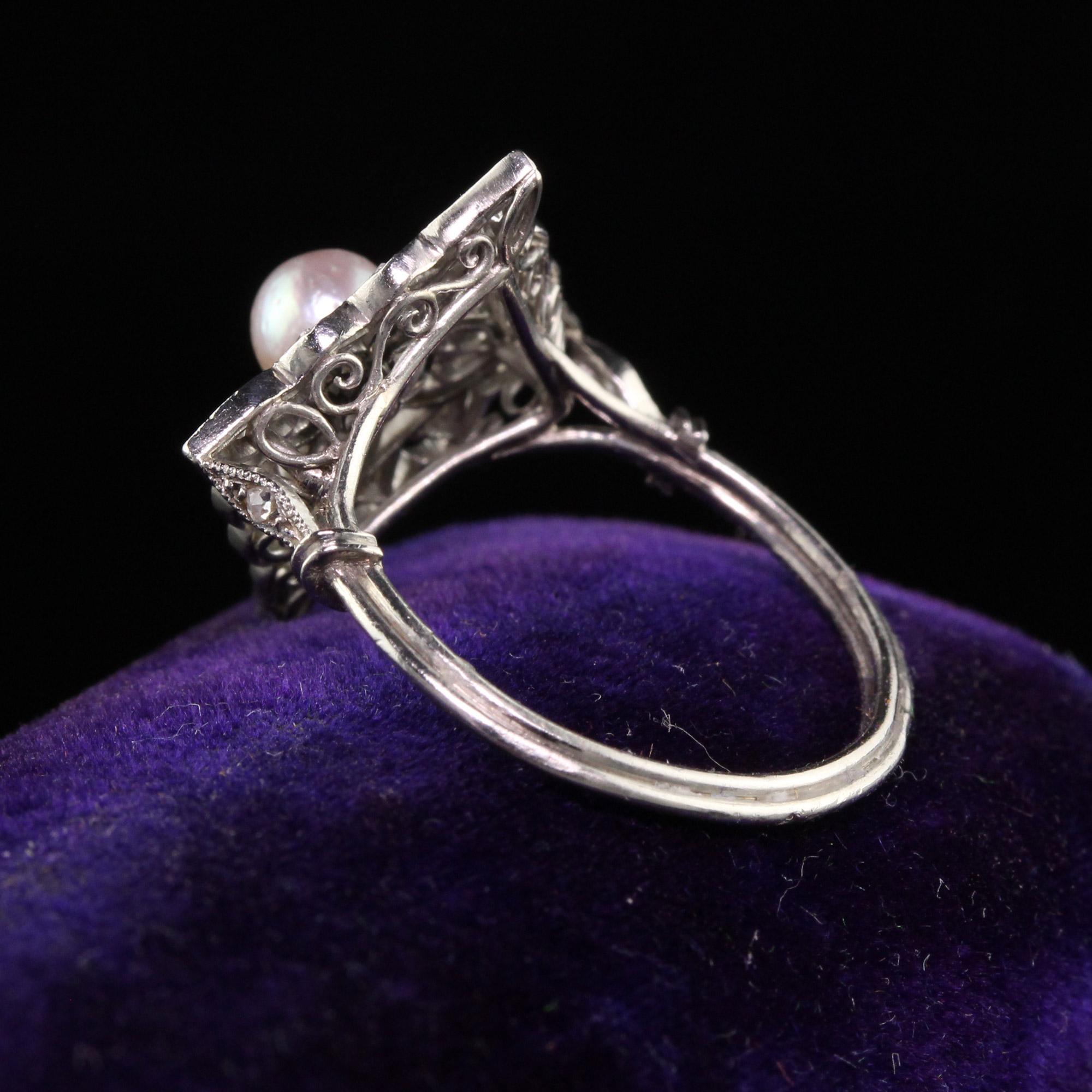 Antique Edwardian French Platinum Rose Cut Diamond Pearl Ring In Good Condition For Sale In Great Neck, NY