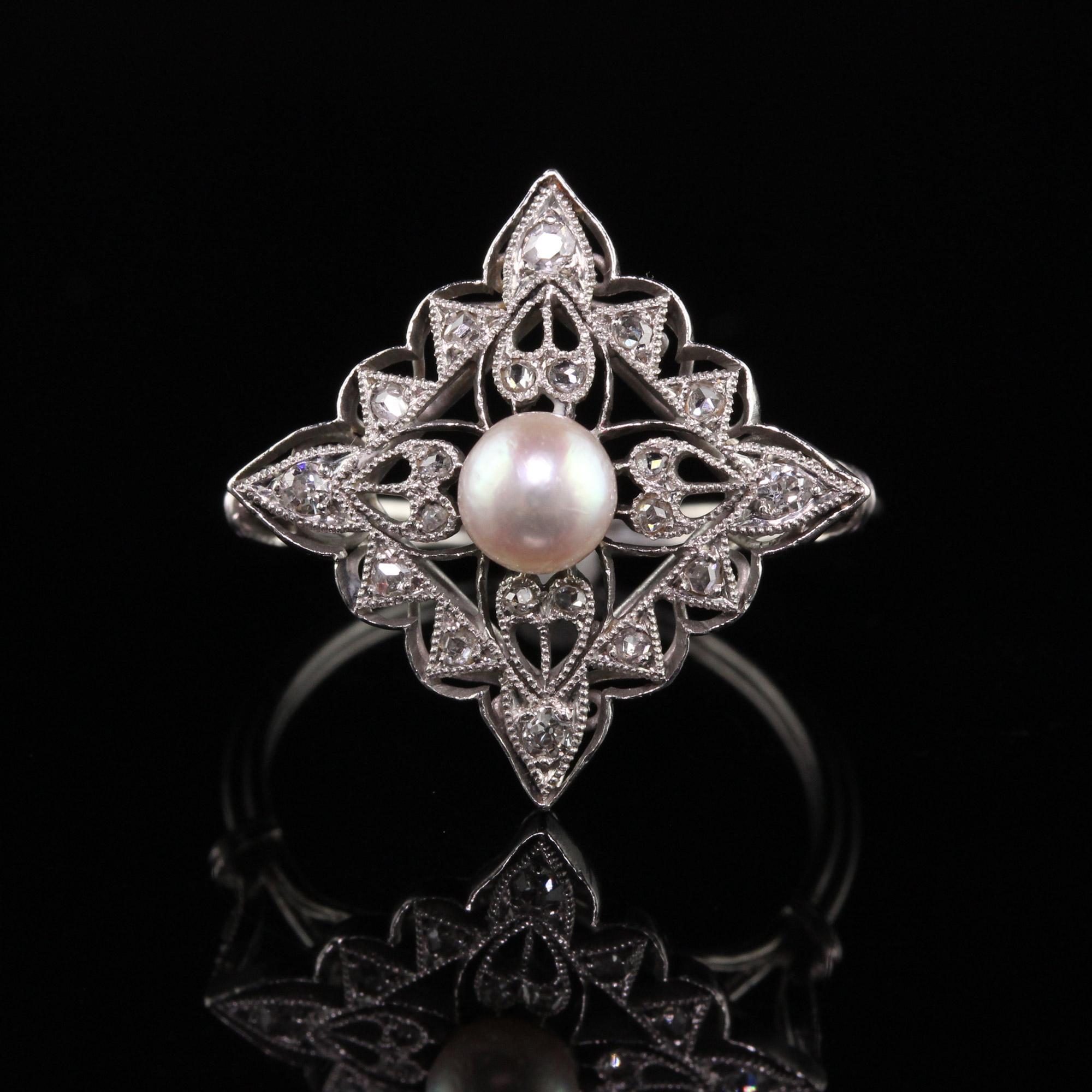 Antique Edwardian French Platinum Rose Cut Diamond Pearl Ring For Sale 1