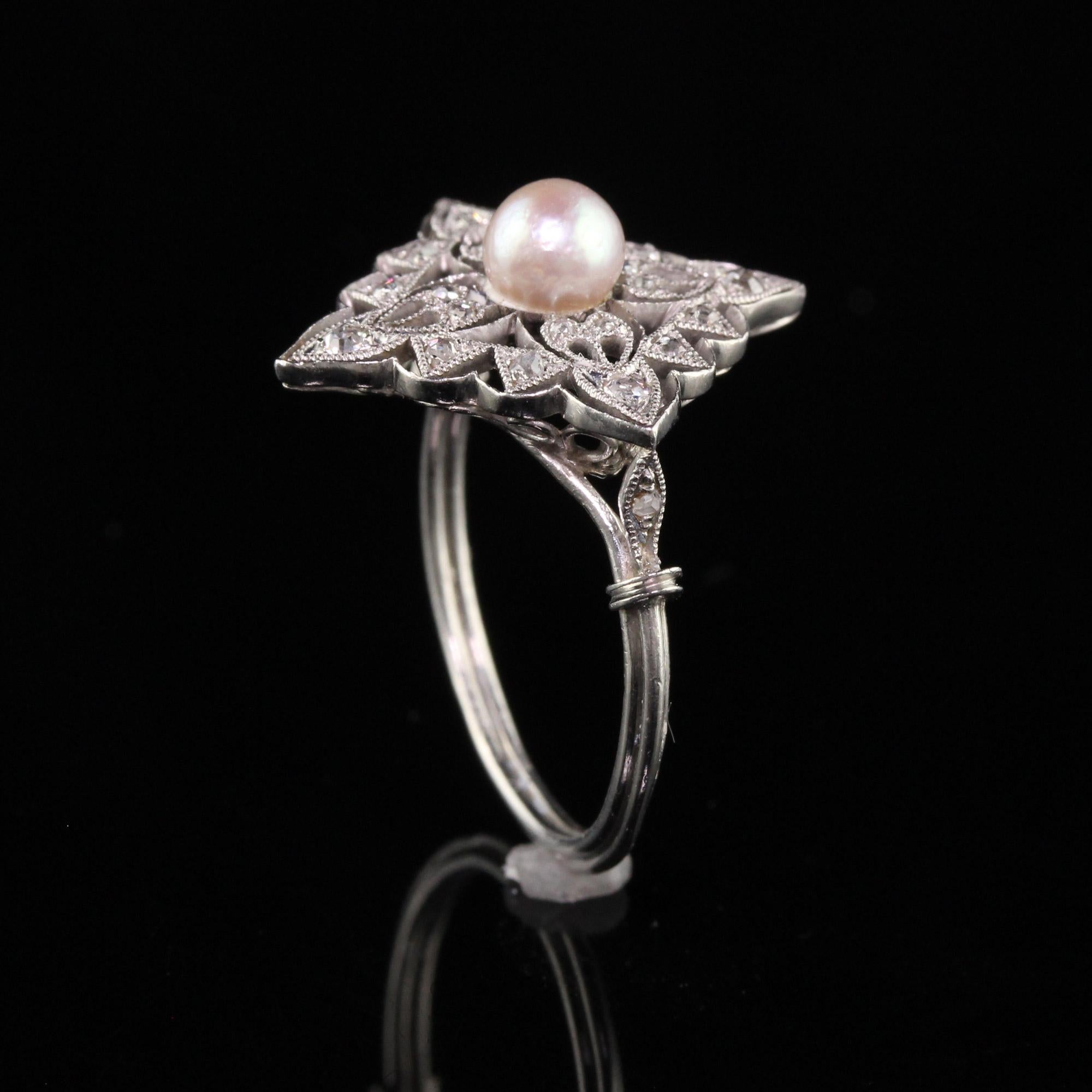 Antique Edwardian French Platinum Rose Cut Diamond Pearl Ring For Sale 3