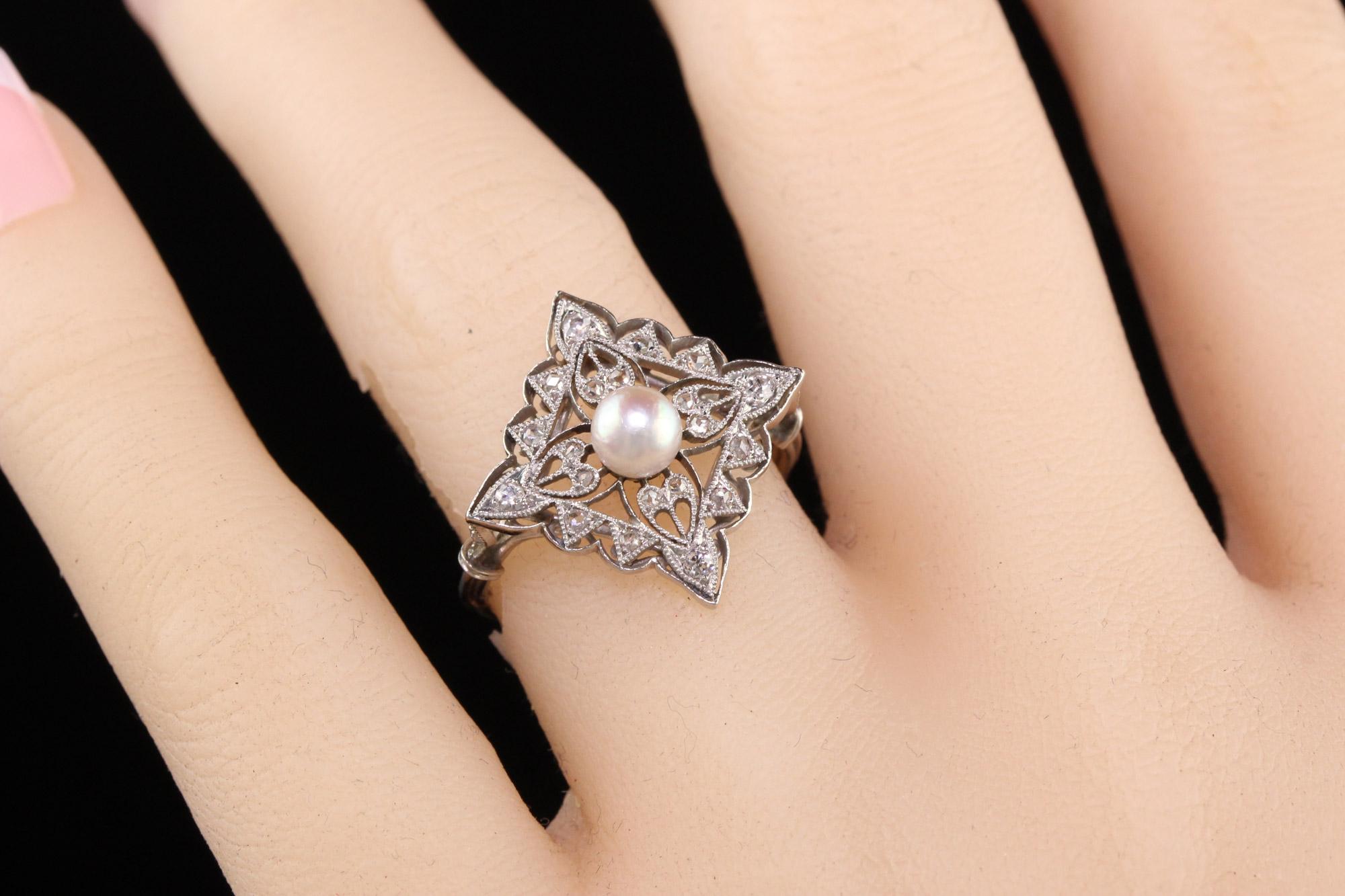 Antique Edwardian French Platinum Rose Cut Diamond Pearl Ring For Sale 4