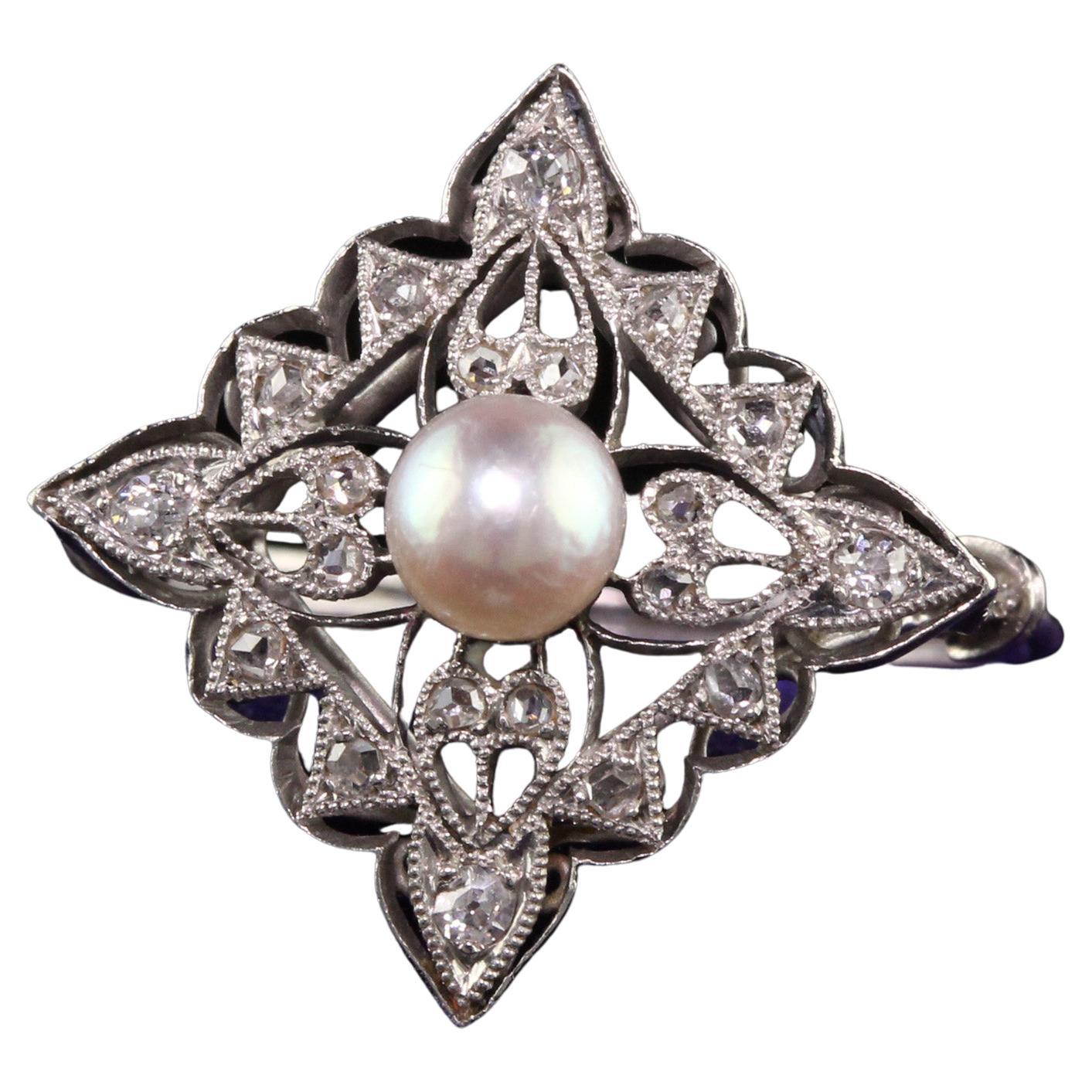 Antiker antiker edwardianischer französischer Platin-Perlenring mit Diamant im Rosenschliff im Angebot