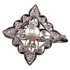 Antiker antiker edwardianischer französischer Platin-Perlenring mit Diamant im Rosenschliff