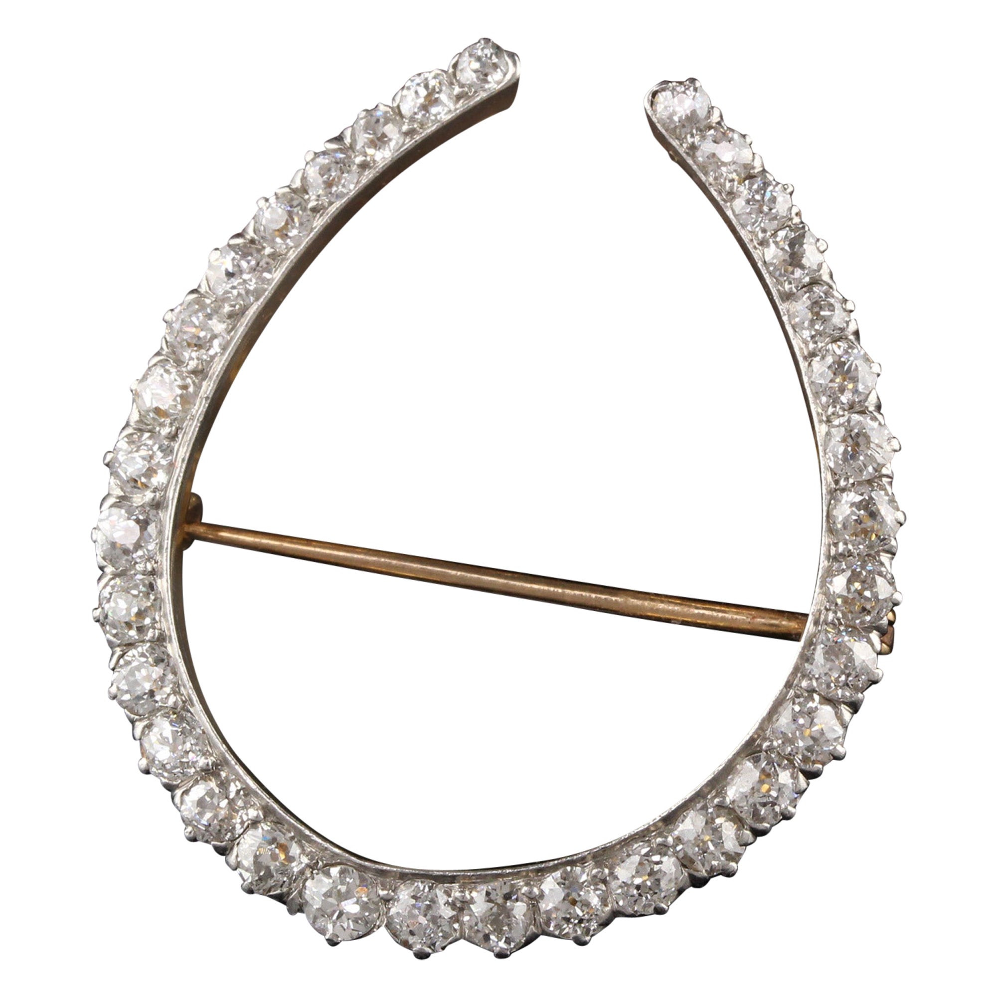 Épingle édouardienne ancienne fer à cheval en or jaune 18 carats et platine avec diamants, F.W.L.