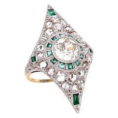 Antique Edwardian GIA 1.08 Carat Old European Cut Diamond Emerald Navette Ring