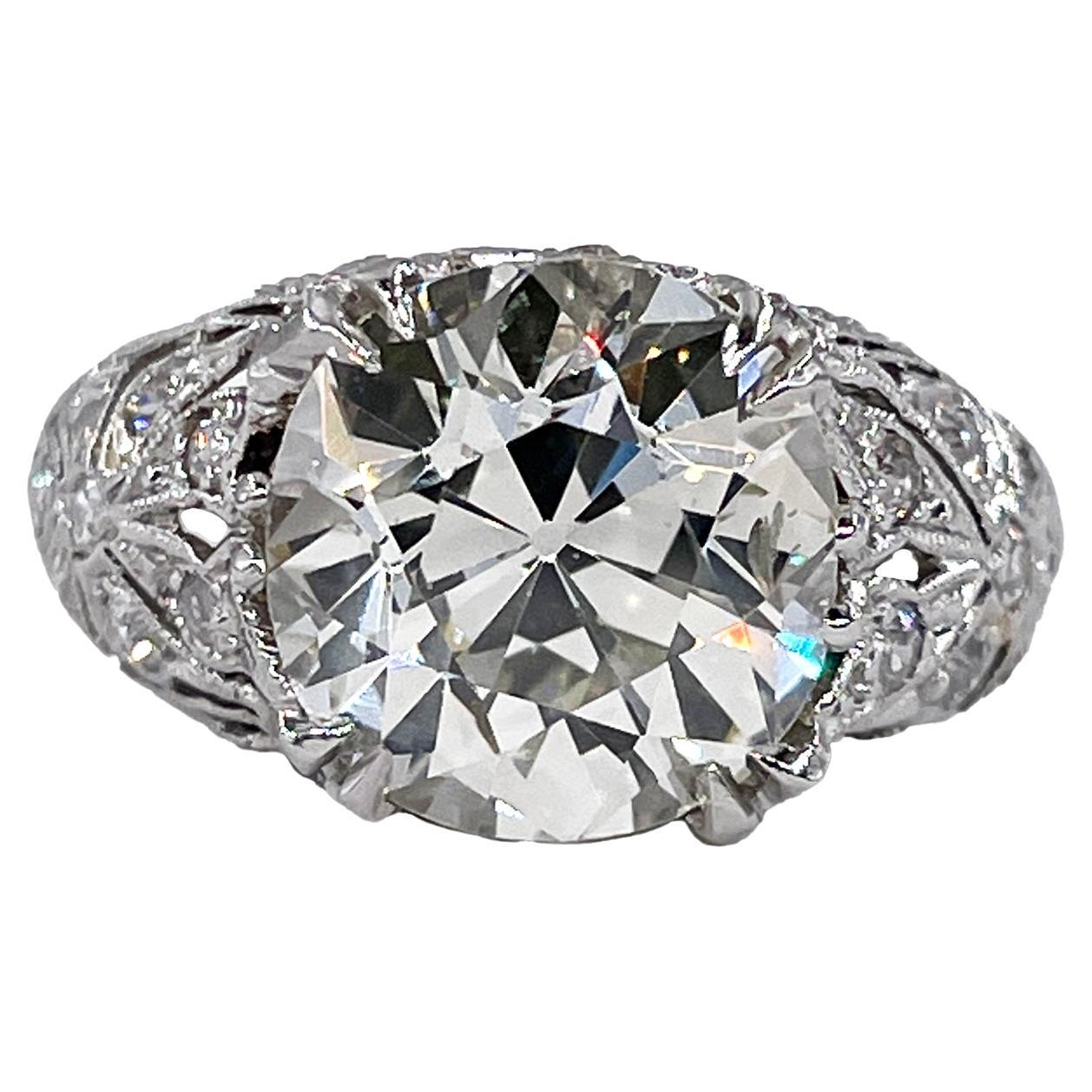 Antique Edwardian GIA 3.92ctw Platinum Old European Diamond Engagement Ring For Sale