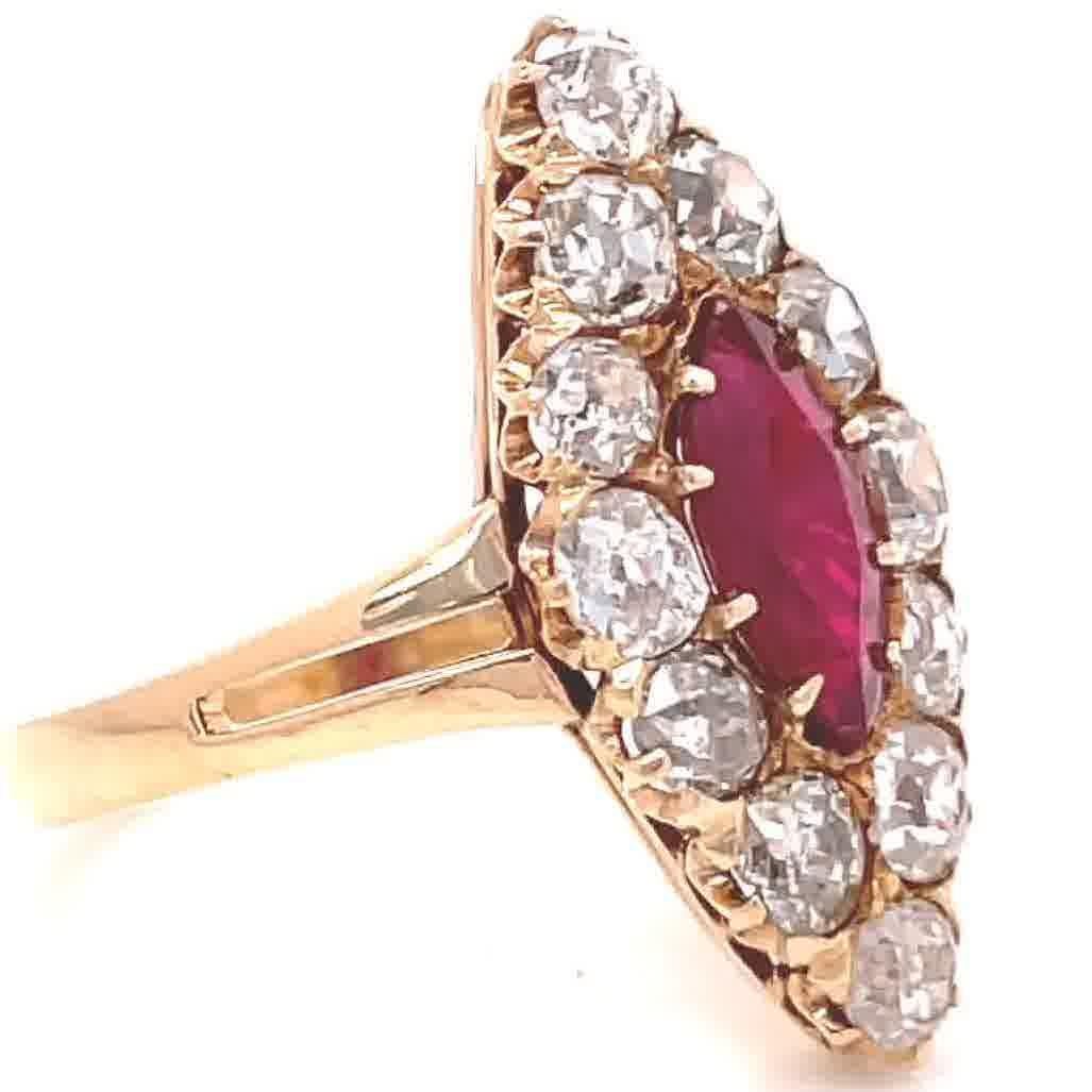 Marquise Cut Antique Edwardian GIA Burma Ruby Diamond Cluster 18 Karat Gold Navette Ring