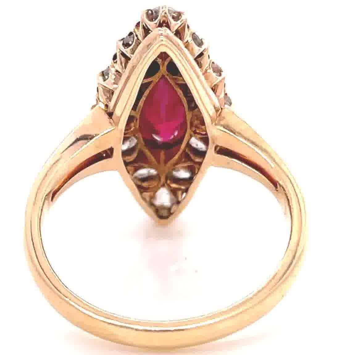 Women's Antique Edwardian GIA Burma Ruby Diamond Cluster 18 Karat Gold Navette Ring