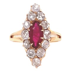 Antique Edwardian GIA Burma Ruby Diamond Cluster 18 Karat Gold Navette Ring