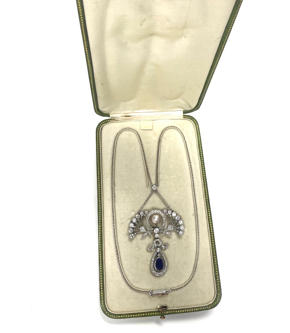 Art Deco Antique Edwardian GIA Natural Pearl Sapphire Platinum  Floral Pendant Necklace  For Sale