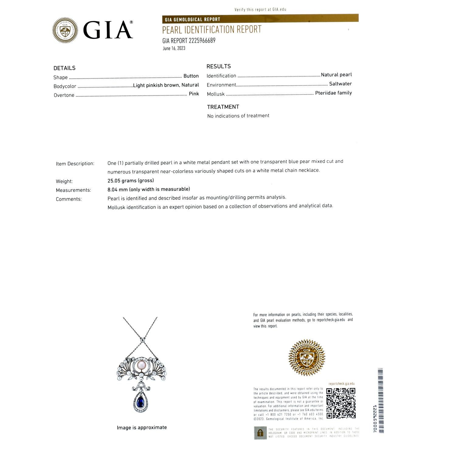 Antiker edwardianischer GIA-Perlen-Saphir-Platin  Floral Anhänger Halskette  (Alteuropäischer Schliff) im Angebot