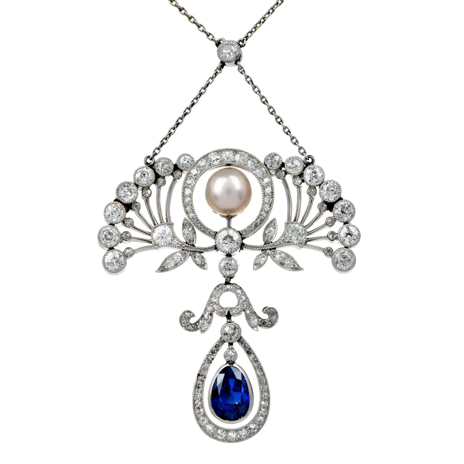 Antique Edwardian GIA Natural Pearl Sapphire Platinum  Floral Pendant Necklace  In Excellent Condition For Sale In Miami, FL