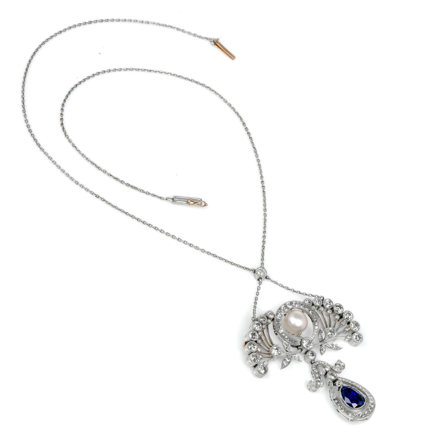 Women's Antique Edwardian GIA Natural Pearl Sapphire Platinum  Floral Pendant Necklace  For Sale
