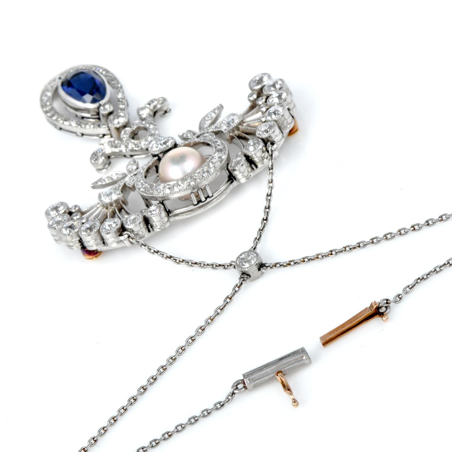 Antiker edwardianischer GIA-Perlen-Saphir-Platin  Floral Anhänger Halskette  im Angebot 1