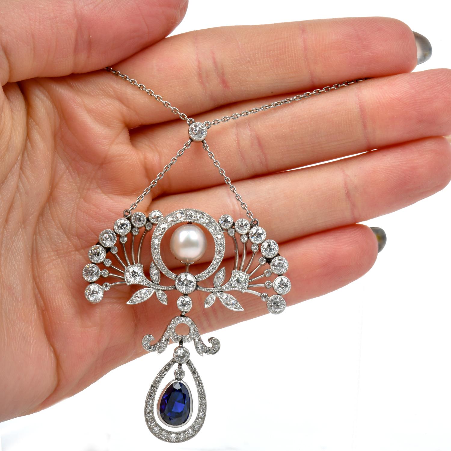 Antique Edwardian GIA Natural Pearl Sapphire Platinum  Floral Pendant Necklace  For Sale 2